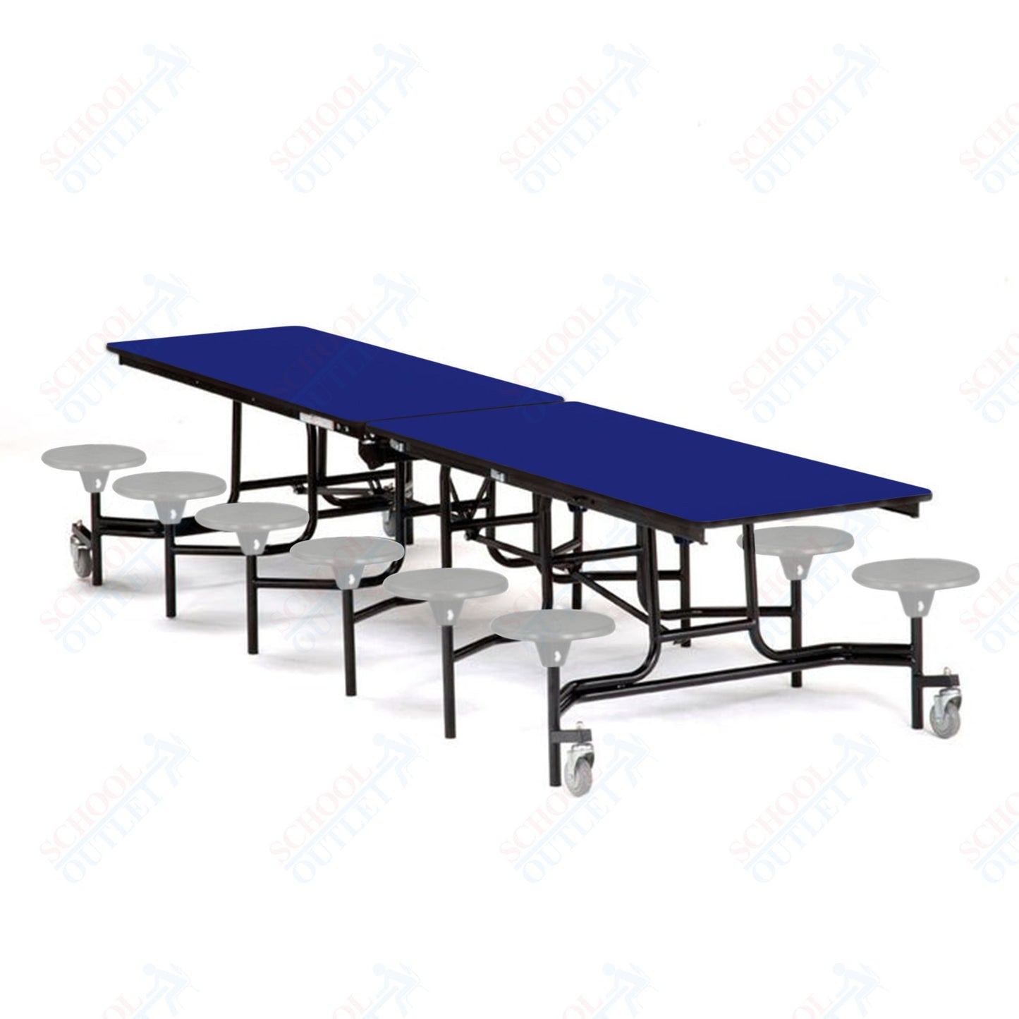 Mobile Cafeteria Lunchroom Stool Table - 30" W x 12' L - 12 Stools - MDF Core - Protect Edge - Chrome Frame