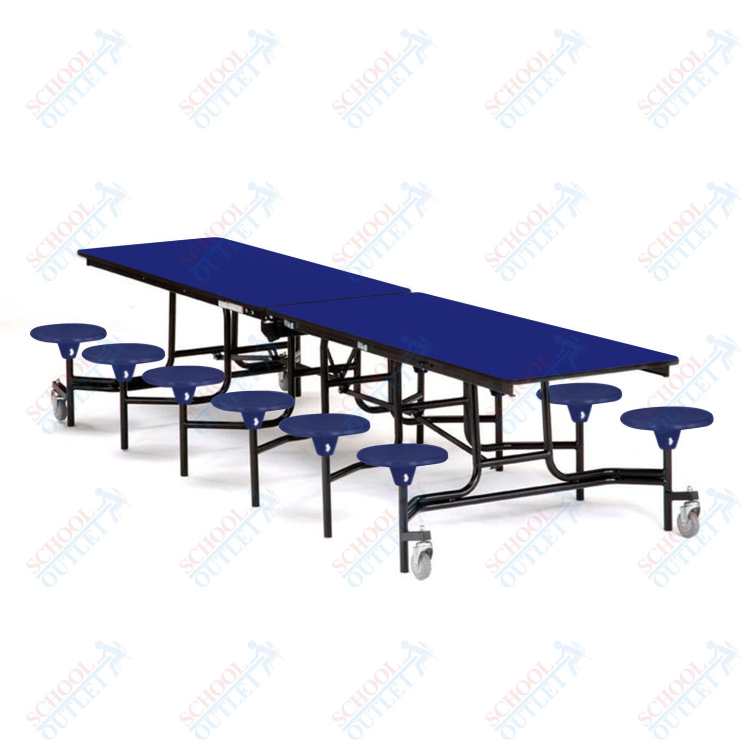 Mobile Cafeteria Lunchroom Stool Table - 30" W x 12' L - 12 Stools - MDF Core - Protect Edge - Chrome Frame
