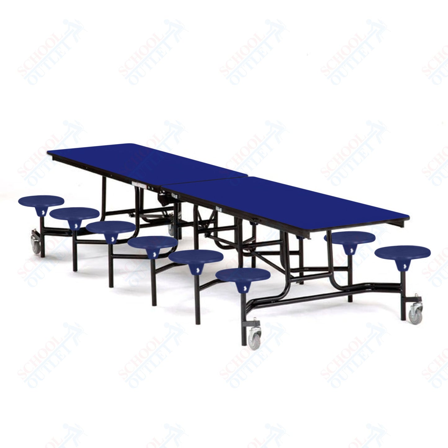 Mobile Cafeteria Lunchroom Stool Table - 30" W x 12' L - 12 Stools - MDF Core - Protect Edge - Chrome Frame