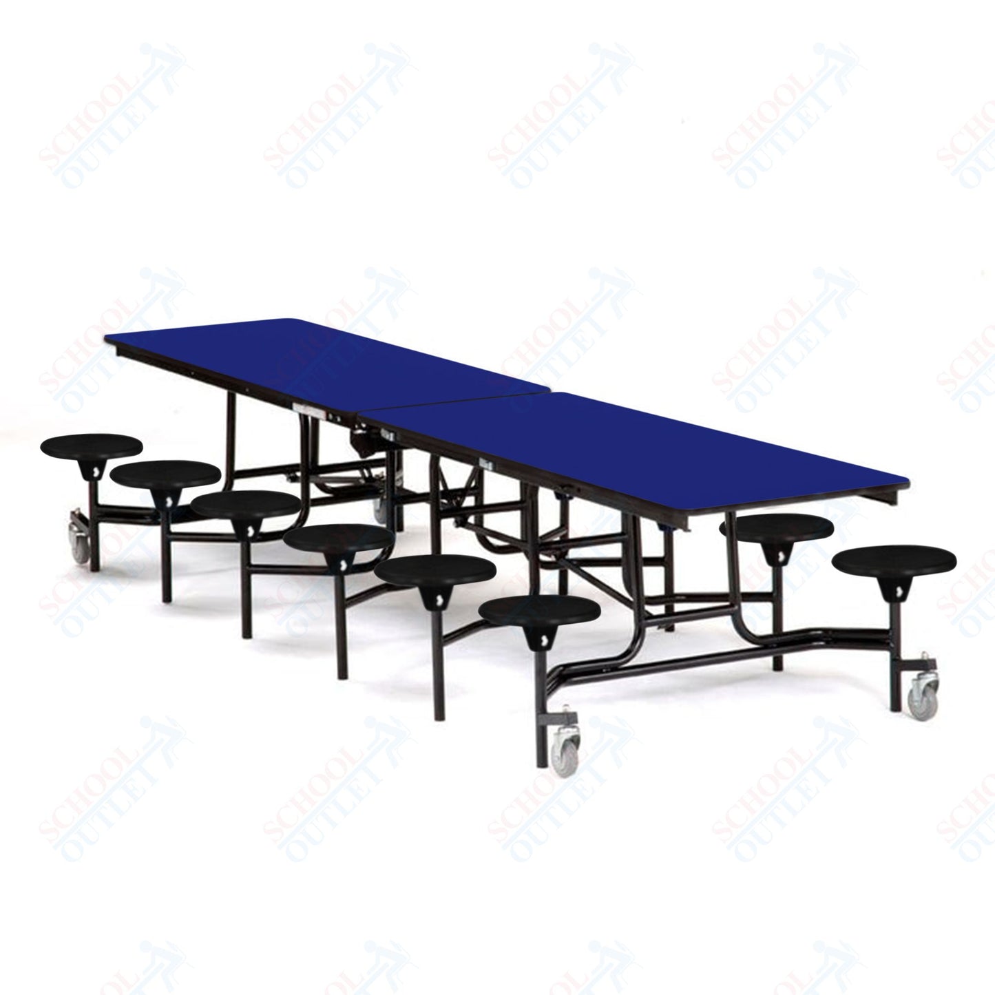 Mobile Cafeteria Lunchroom Stool Table - 30" W x 12' L - 12 Stools - MDF Core - Protect Edge - Chrome Frame