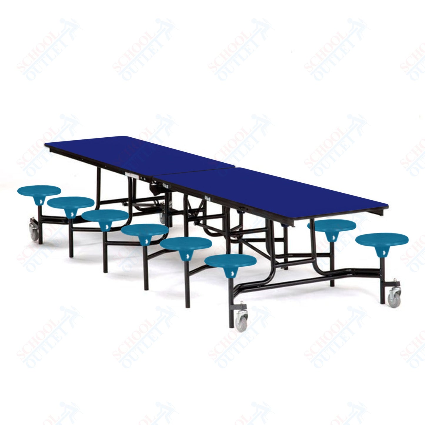 Mobile Cafeteria Lunchroom Stool Table - 30" W x 12' L - 12 Stools - MDF Core - Protect Edge - Chrome Frame