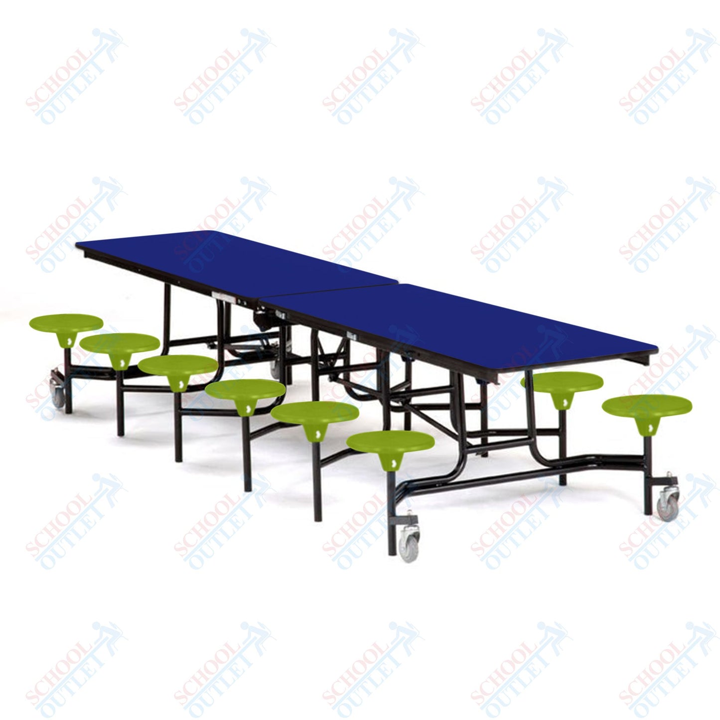 Mobile Cafeteria Lunchroom Stool Table - 30" W x 12' L - 12 Stools - MDF Core - Protect Edge - Chrome Frame