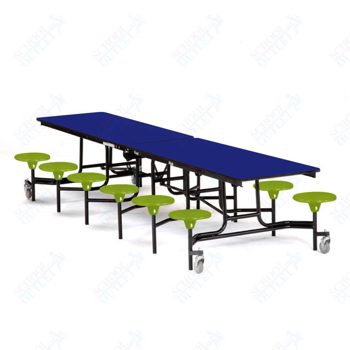 Mobile Cafeteria Lunchroom Stool Table - 30" W x 12' L - 12 Stools - MDF Core - Protect Edge - Chrome Frame