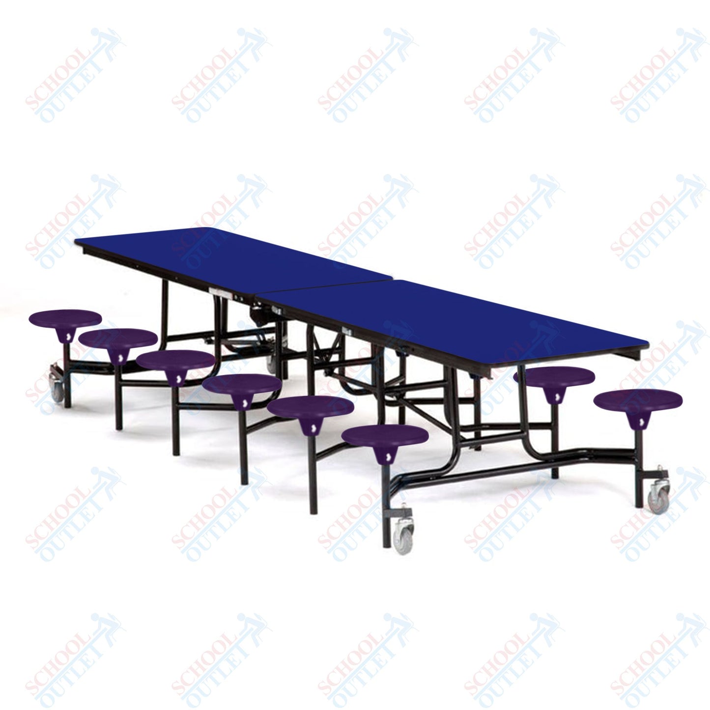 Mobile Cafeteria Lunchroom Stool Table - 30" W x 12' L - 12 Stools - MDF Core - Protect Edge - Chrome Frame