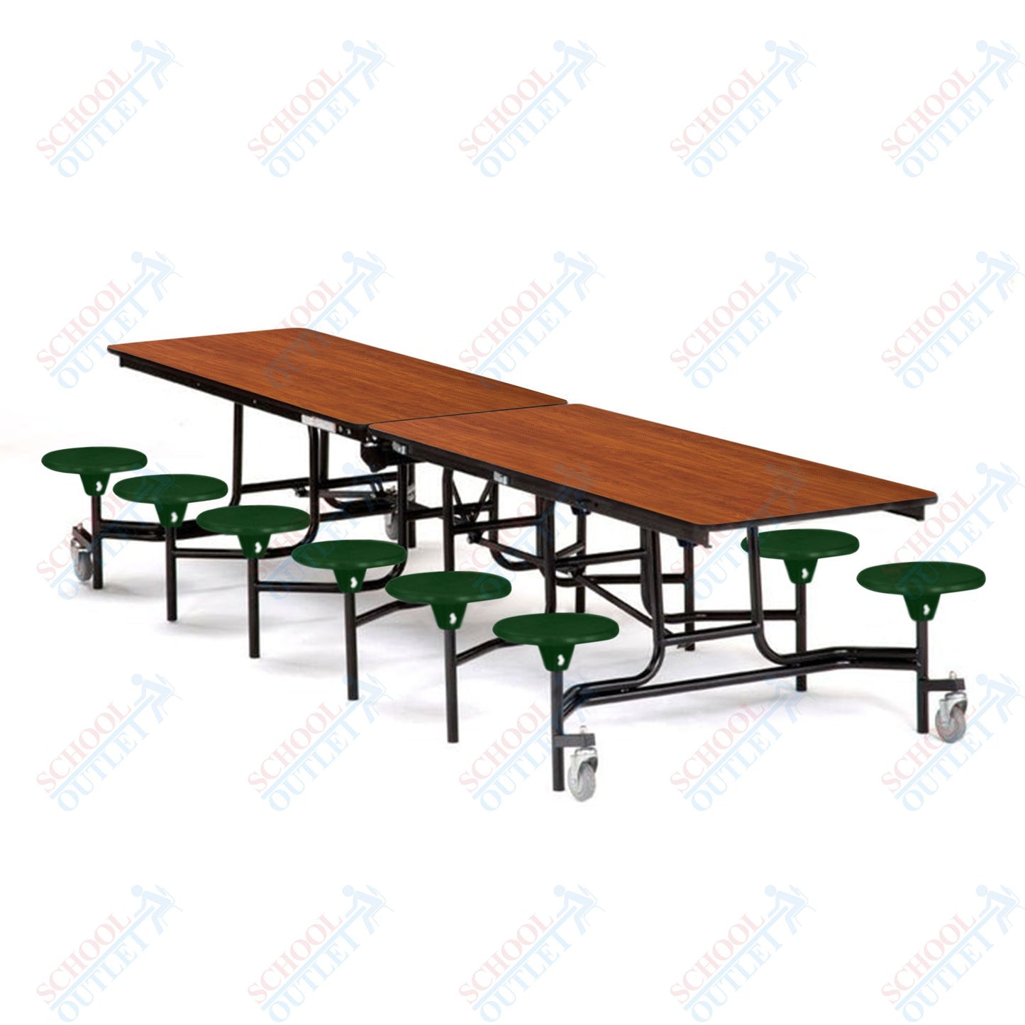 Mobile Cafeteria Lunchroom Stool Table - 30" W x 12' L - 12 Stools - MDF Core - Protect Edge - Chrome Frame