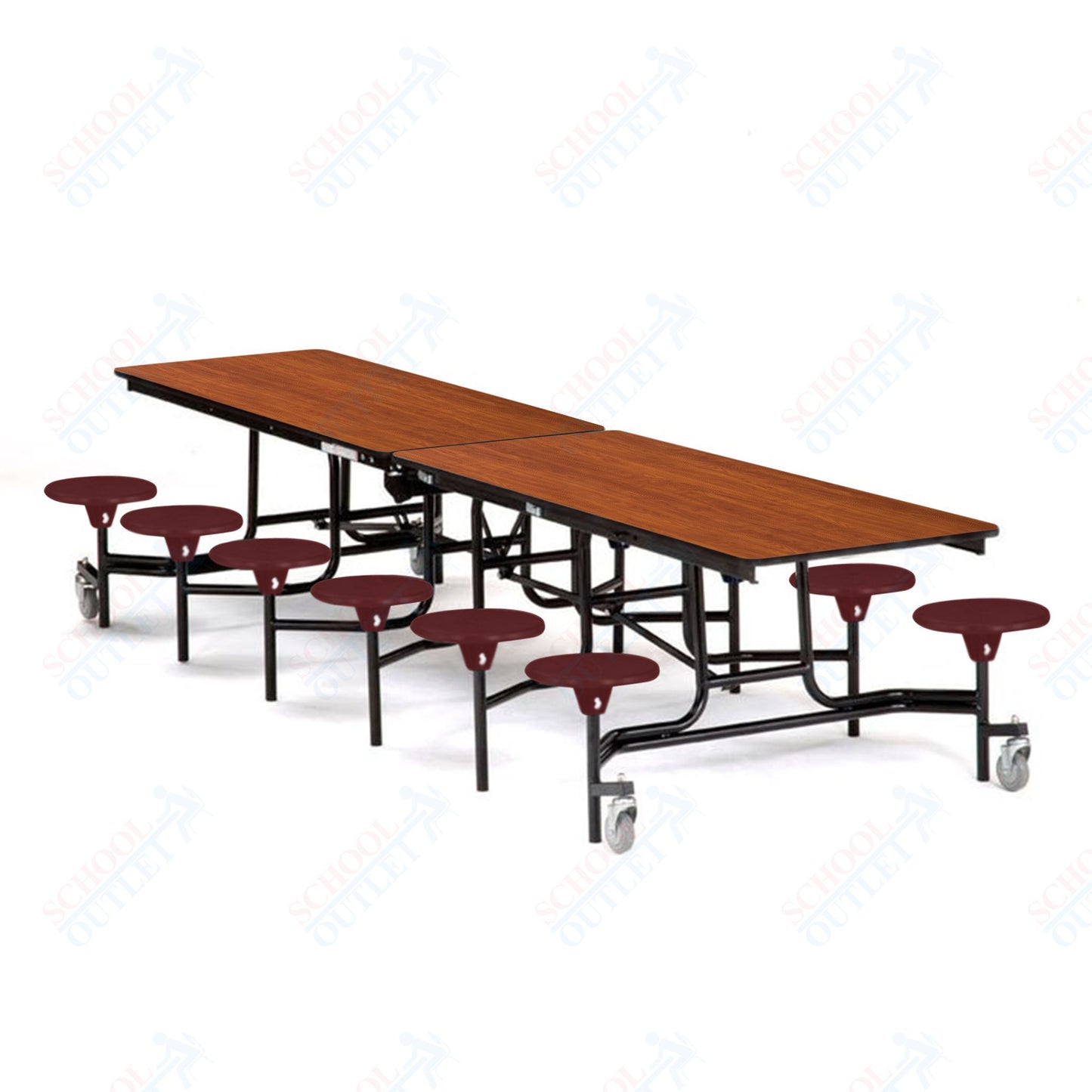 Mobile Cafeteria Lunchroom Stool Table - 30" W x 12' L - 12 Stools - MDF Core - Protect Edge - Chrome Frame