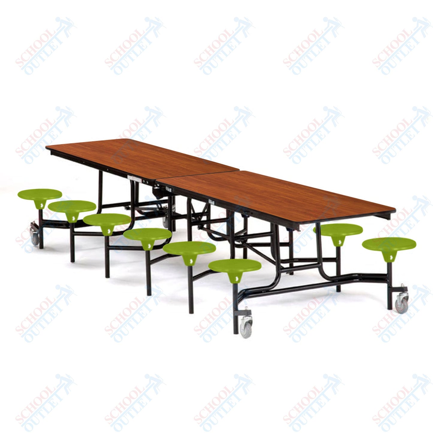 Mobile Cafeteria Lunchroom Stool Table - 30" W x 12' L - 12 Stools - MDF Core - Protect Edge - Chrome Frame