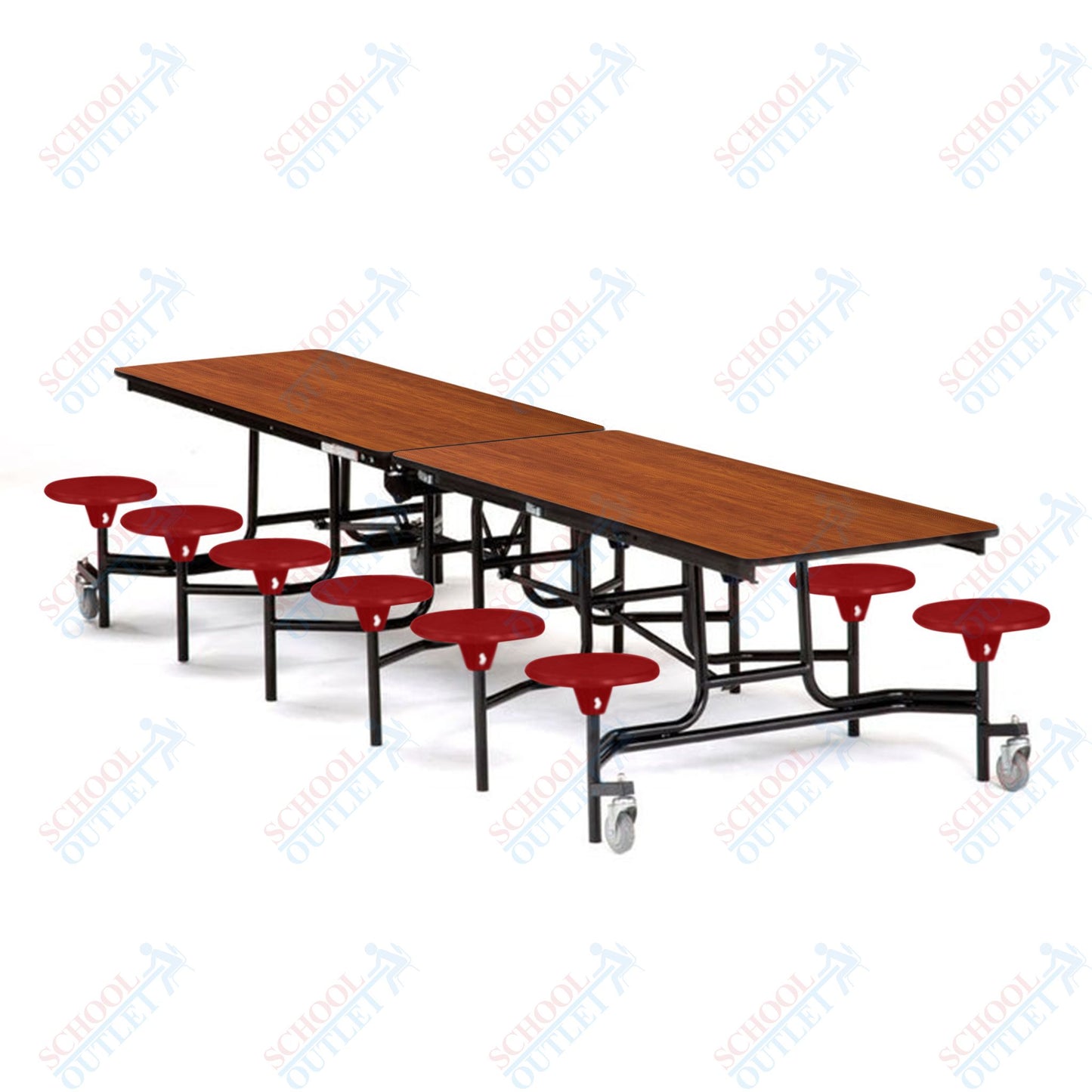 Mobile Cafeteria Lunchroom Stool Table - 30" W x 12' L - 12 Stools - MDF Core - Protect Edge - Chrome Frame