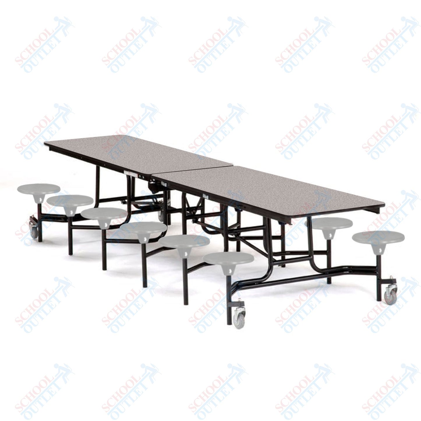 Mobile Cafeteria Lunchroom Stool Table - 30" W x 12' L - 12 Stools - MDF Core - Protect Edge - Chrome Frame