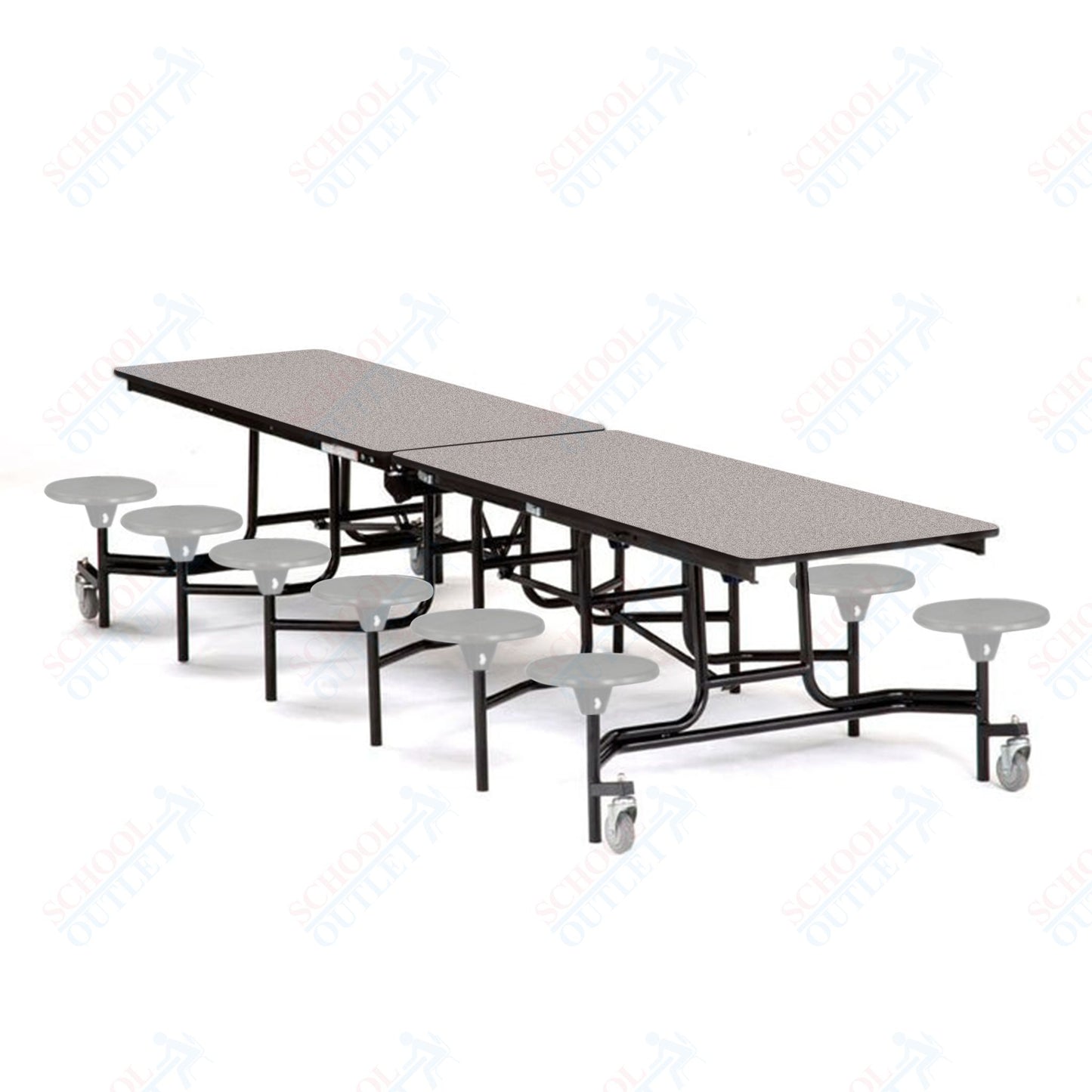 Mobile Cafeteria Lunchroom Stool Table - 30" W x 12' L - 12 Stools - MDF Core - Protect Edge - Chrome Frame