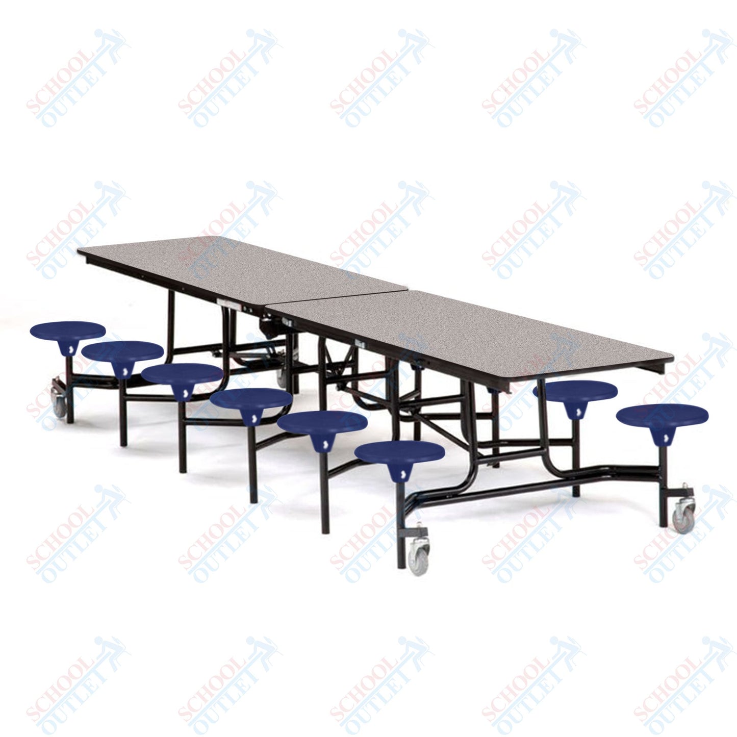 Mobile Cafeteria Lunchroom Stool Table - 30" W x 12' L - 12 Stools - MDF Core - Protect Edge - Chrome Frame