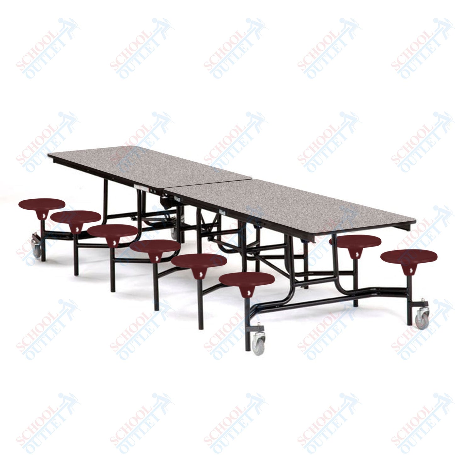 Mobile Cafeteria Lunchroom Stool Table - 30" W x 12' L - 12 Stools - MDF Core - Protect Edge - Chrome Frame