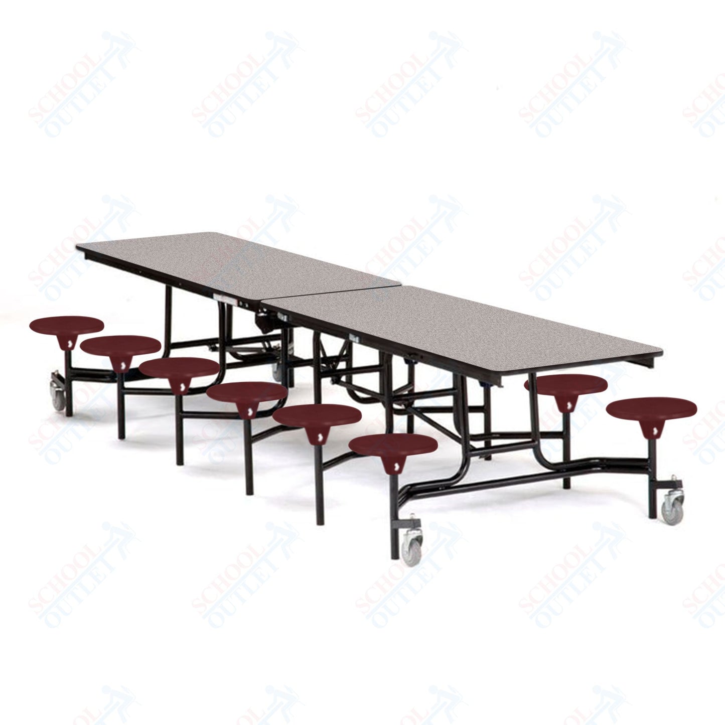 Mobile Cafeteria Lunchroom Stool Table - 30" W x 12' L - 12 Stools - MDF Core - Protect Edge - Chrome Frame