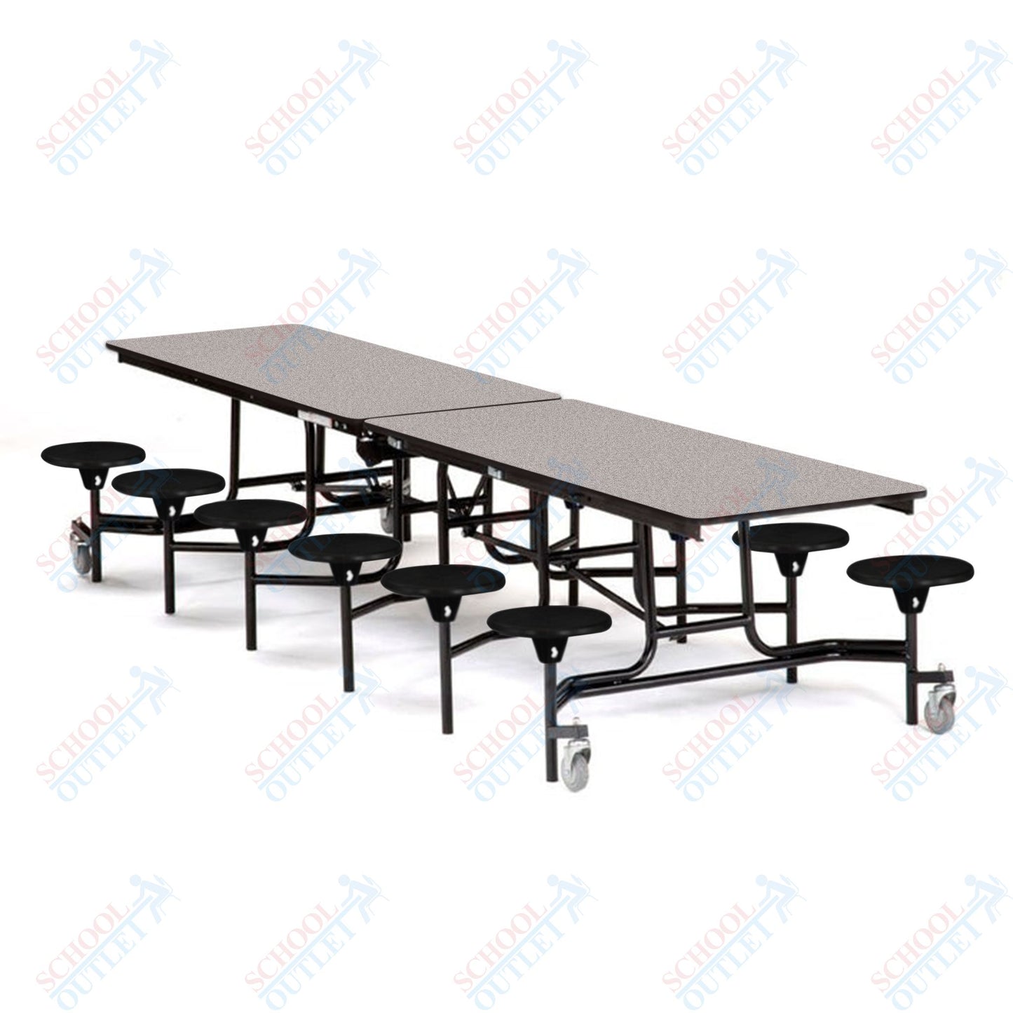Mobile Cafeteria Lunchroom Stool Table - 30" W x 12' L - 12 Stools - MDF Core - Protect Edge - Chrome Frame