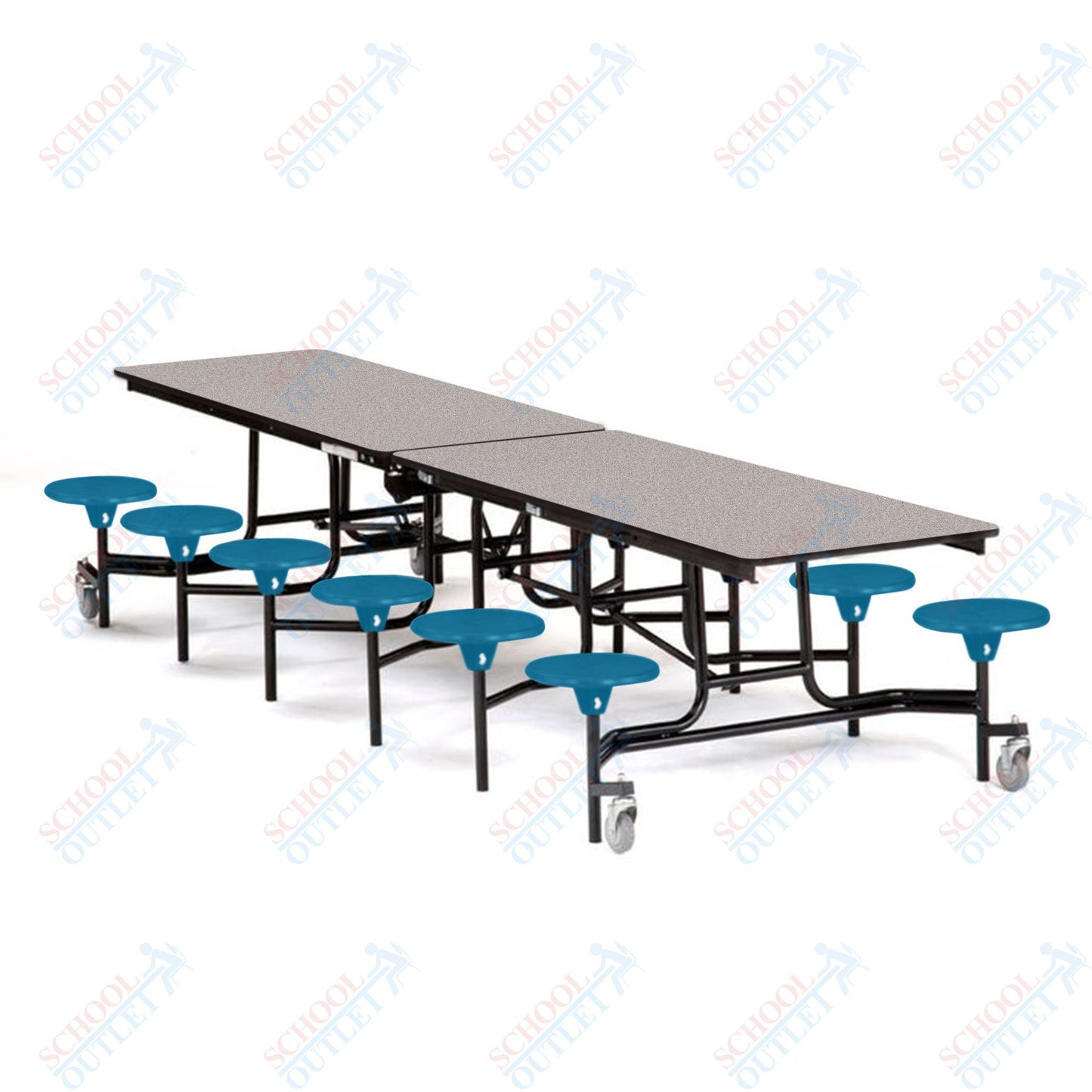 Mobile Cafeteria Lunchroom Stool Table - 30" W x 12' L - 12 Stools - MDF Core - Protect Edge - Chrome Frame