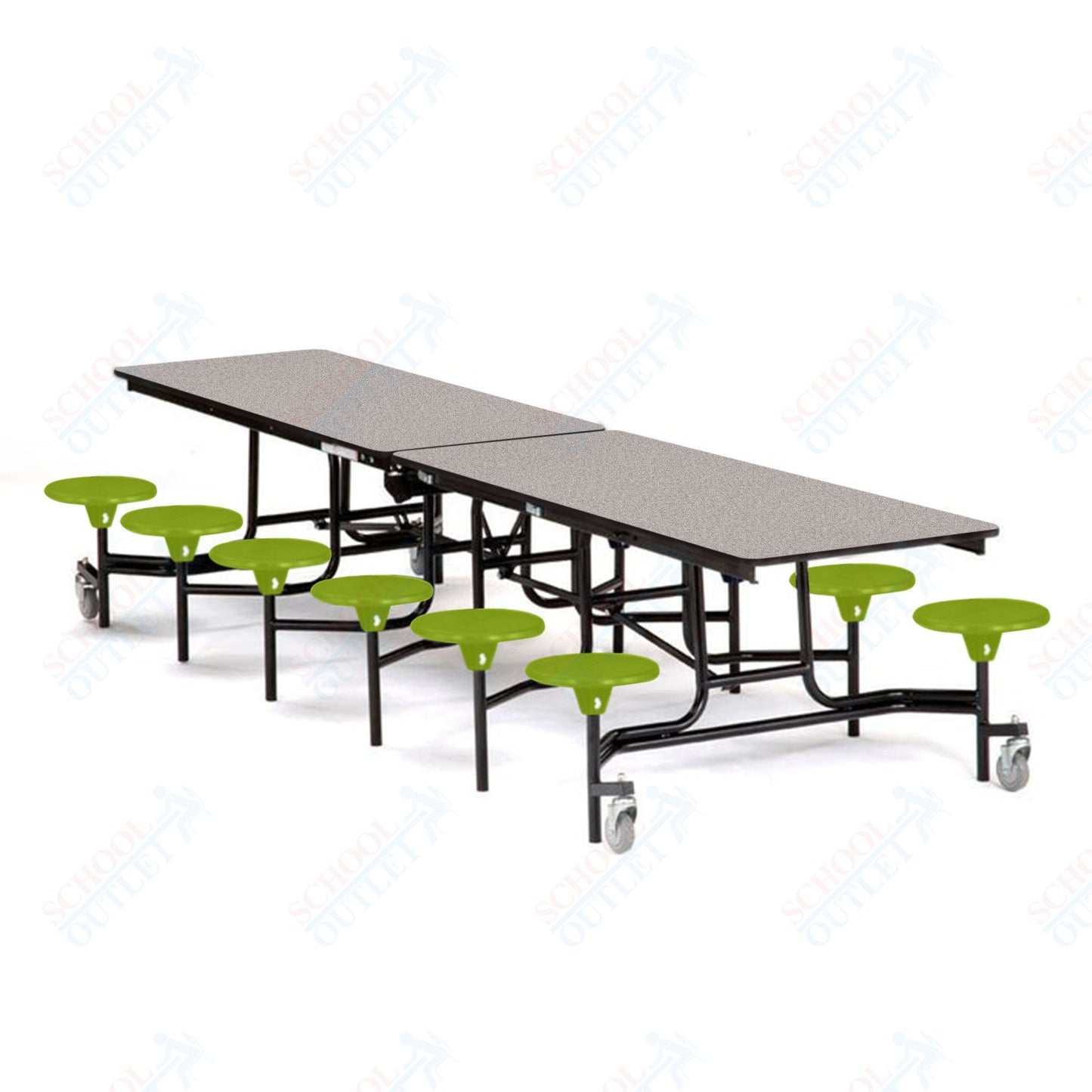 Mobile Cafeteria Lunchroom Stool Table - 30" W x 12' L - 12 Stools - MDF Core - Protect Edge - Chrome Frame