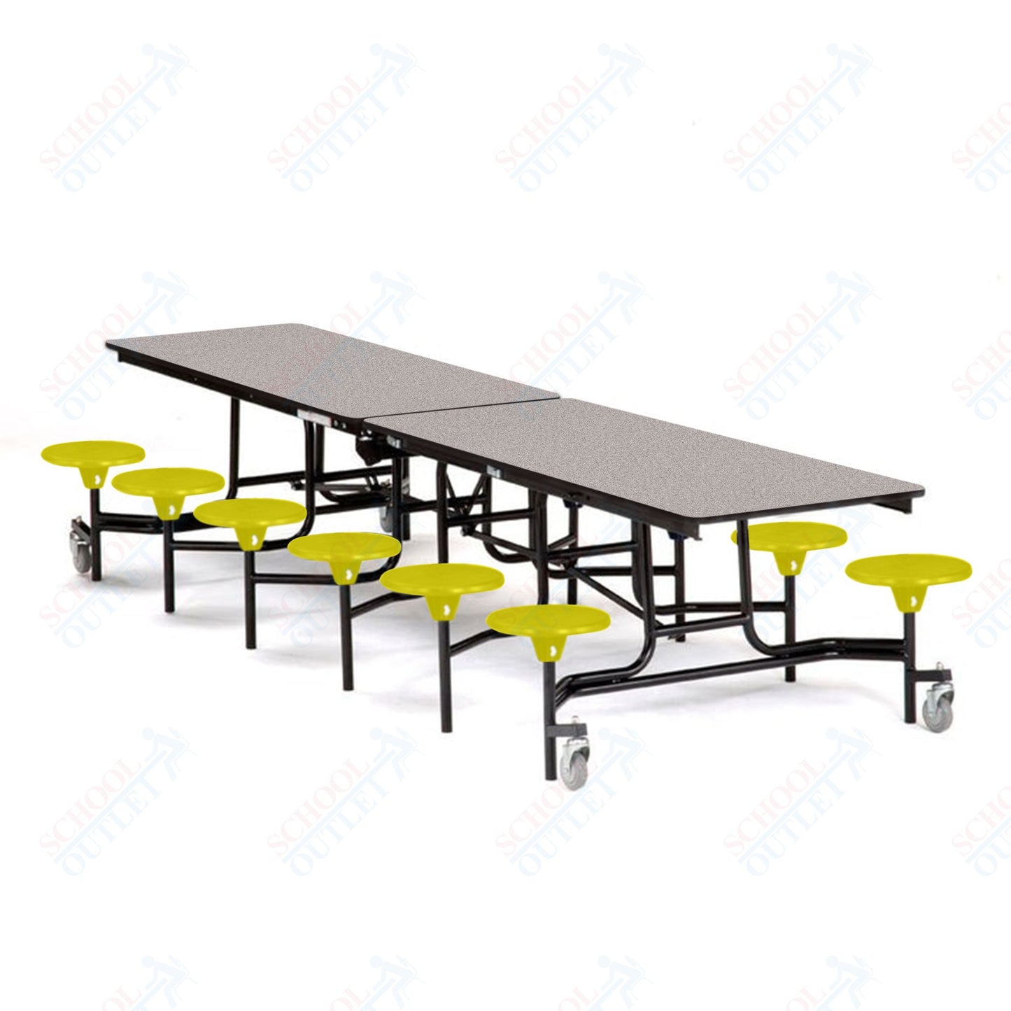 Mobile Cafeteria Lunchroom Stool Table - 30" W x 12' L - 12 Stools - MDF Core - Protect Edge - Chrome Frame