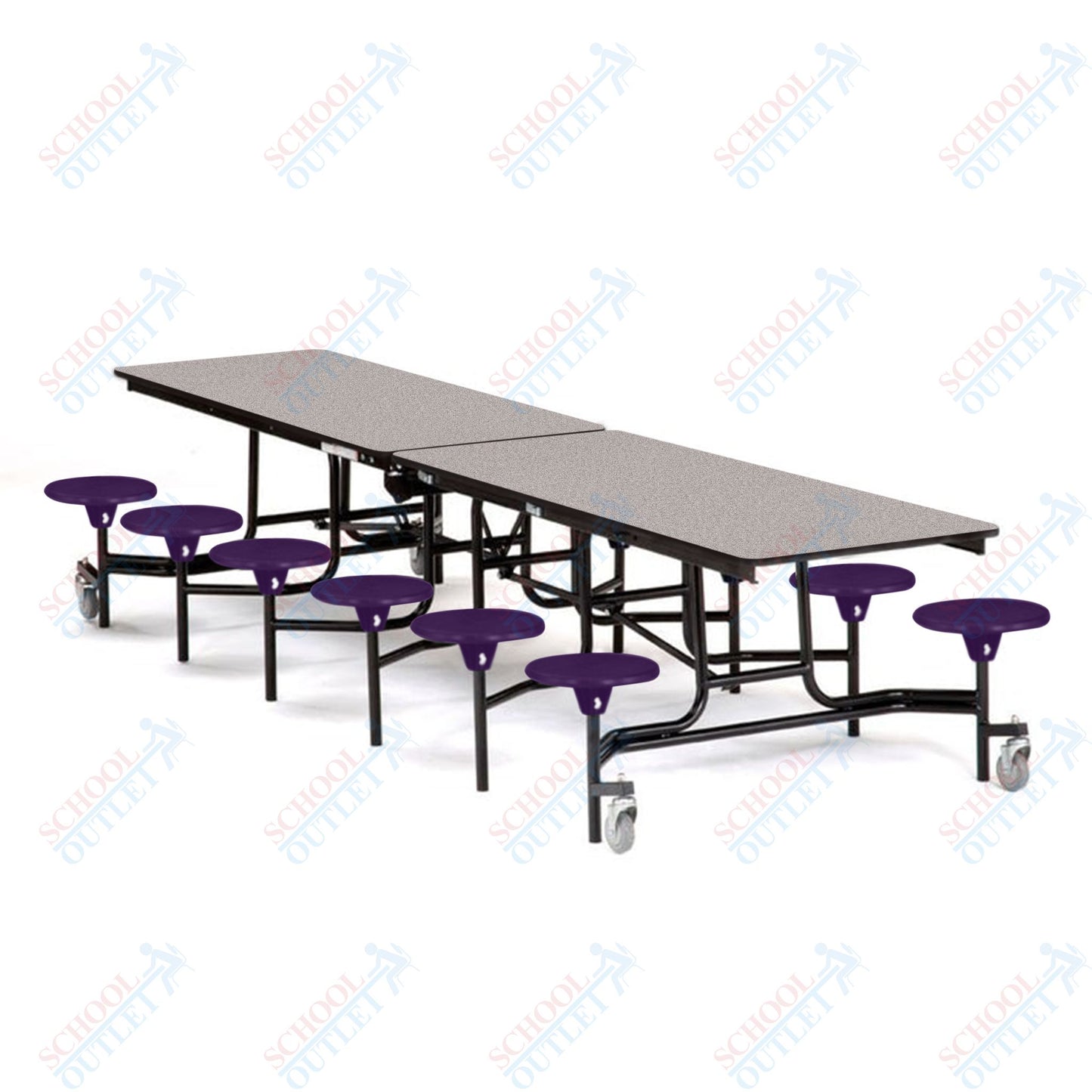 Mobile Cafeteria Lunchroom Stool Table - 30" W x 12' L - 12 Stools - MDF Core - Protect Edge - Chrome Frame