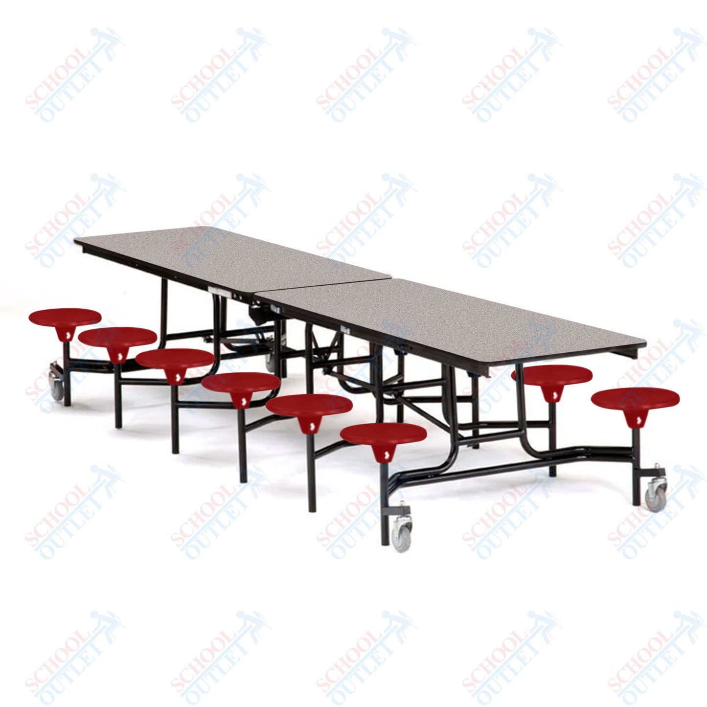 Mobile Cafeteria Lunchroom Stool Table - 30" W x 12' L - 12 Stools - MDF Core - Protect Edge - Chrome Frame