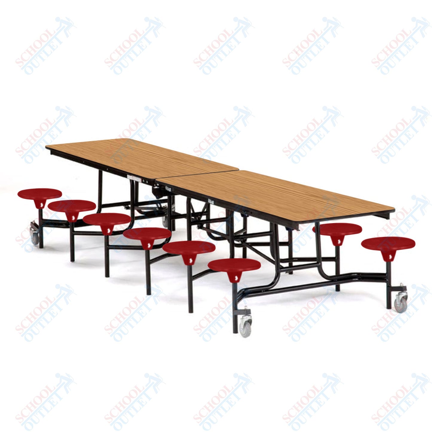 Mobile Cafeteria Lunchroom Stool Table - 30" W x 12' L - 12 Stools - MDF Core - Protect Edge - Chrome Frame