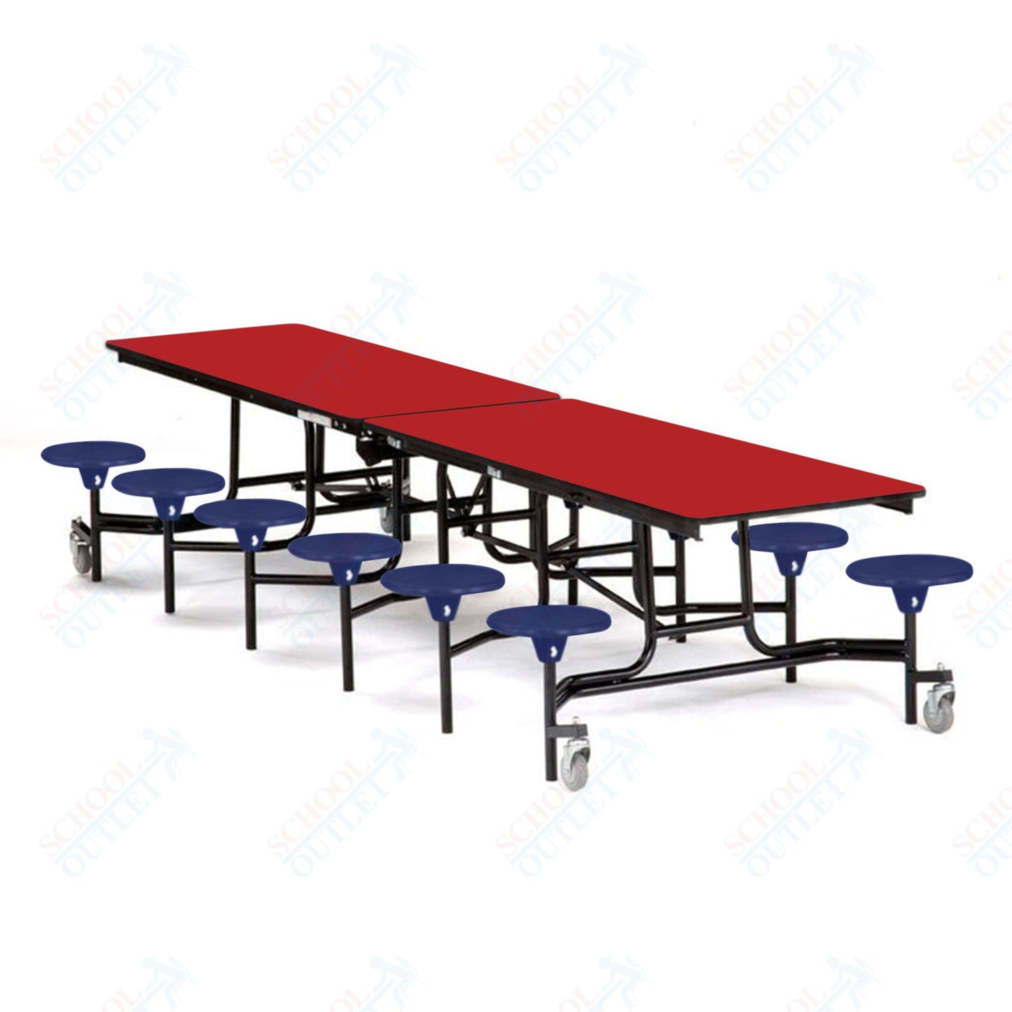 Mobile Cafeteria Lunchroom Stool Table - 30" W x 12' L - 12 Stools - MDF Core - Protect Edge - Chrome Frame