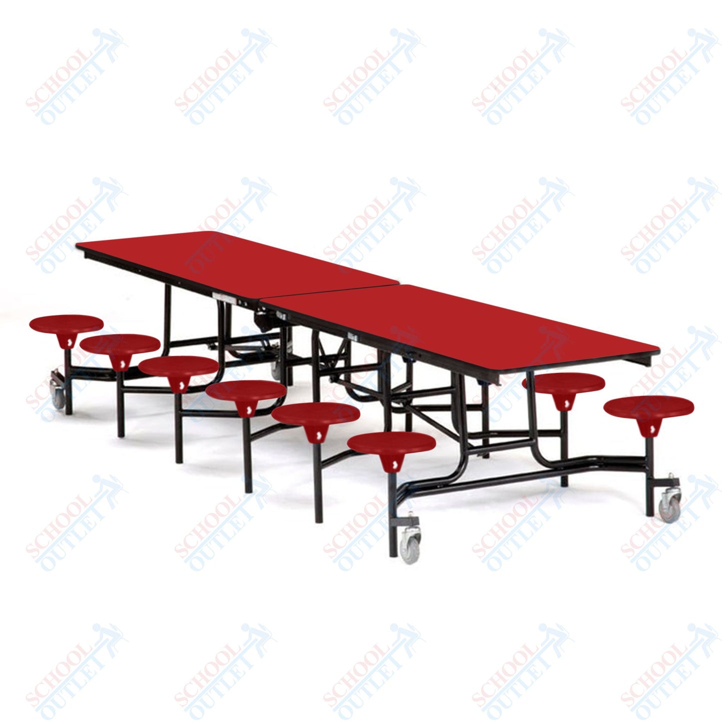 Mobile Cafeteria Lunchroom Stool Table - 30" W x 12' L - 12 Stools - MDF Core - Protect Edge - Chrome Frame
