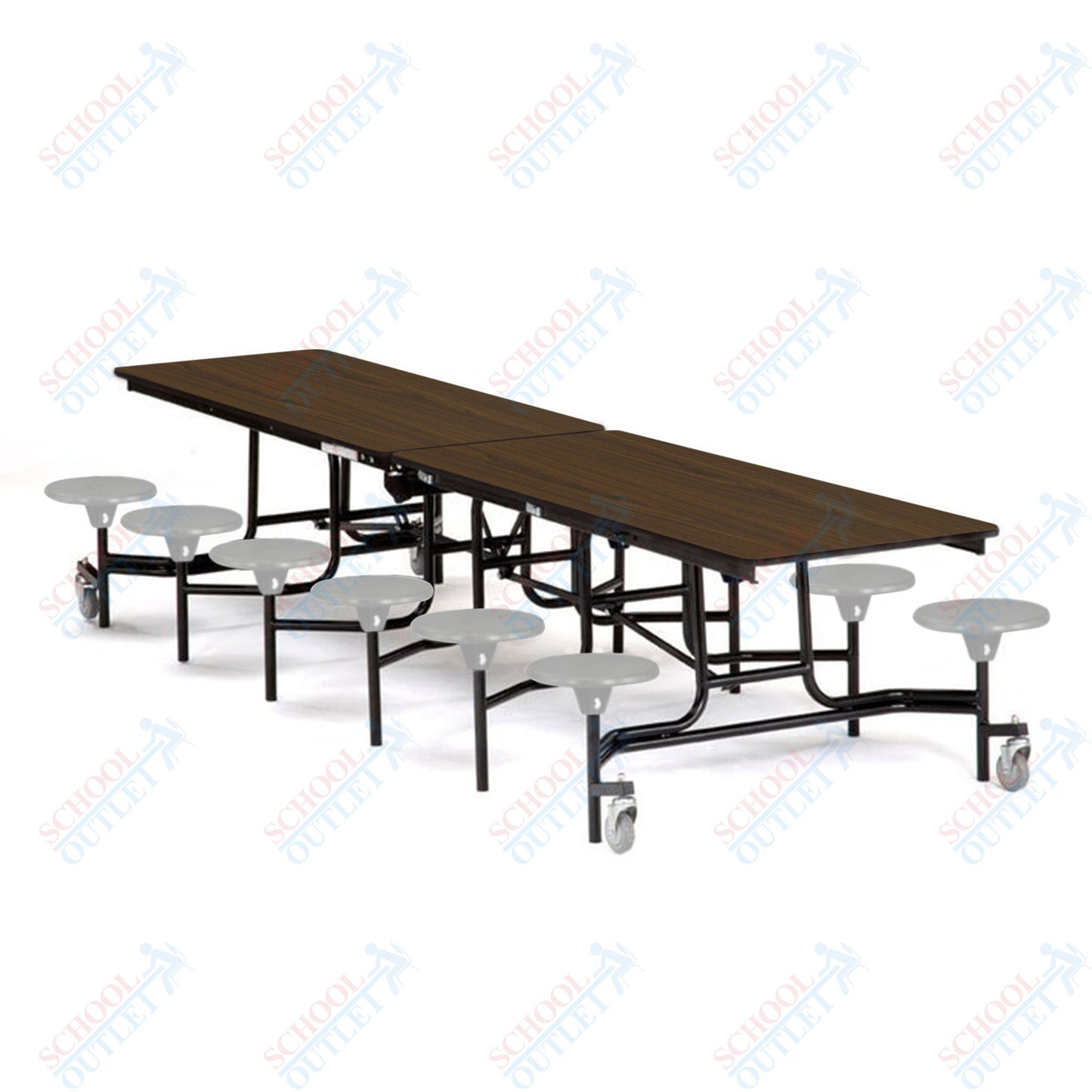 Mobile Cafeteria Lunchroom Stool Table - 30" W x 12' L - 12 Stools - MDF Core - Protect Edge - Chrome Frame