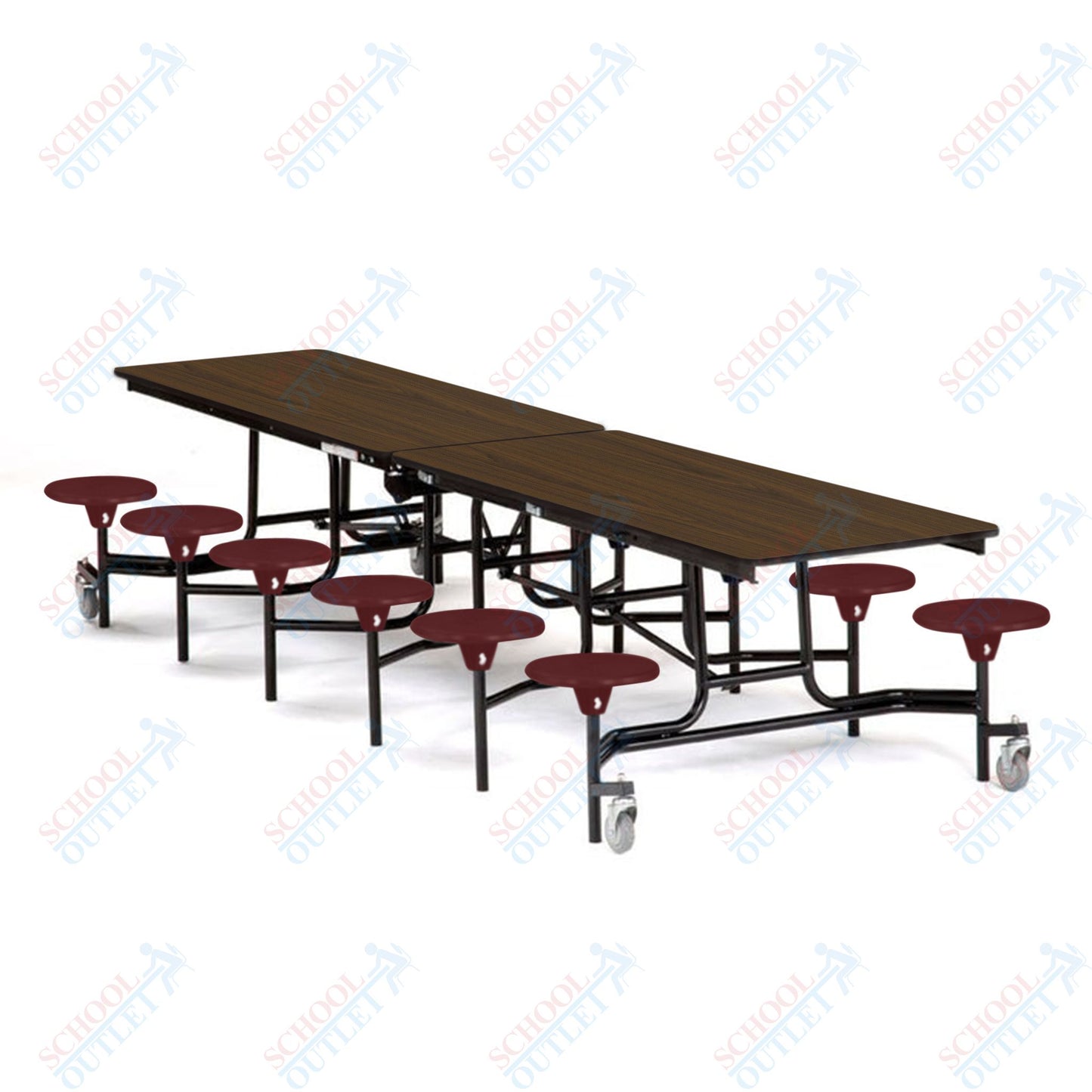 Mobile Cafeteria Lunchroom Stool Table - 30" W x 12' L - 12 Stools - MDF Core - Protect Edge - Chrome Frame