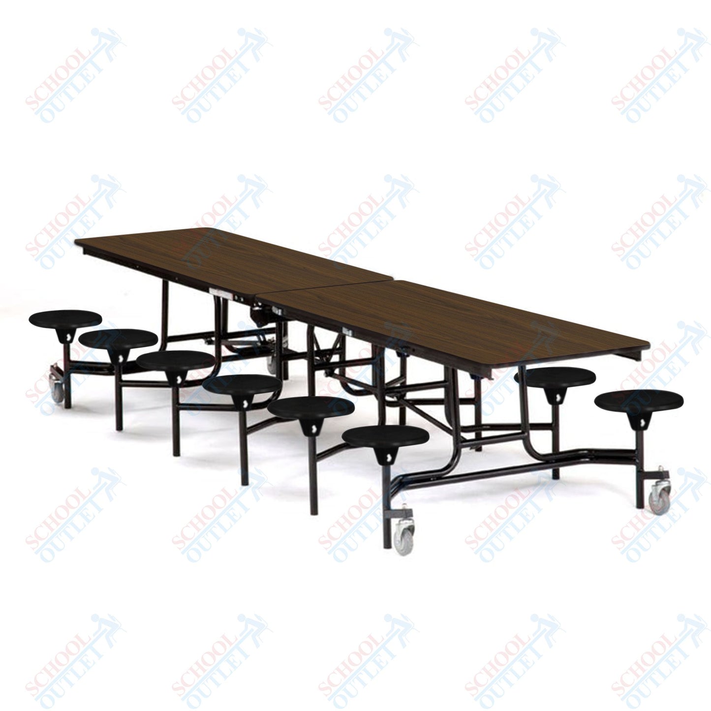 Mobile Cafeteria Lunchroom Stool Table - 30" W x 12' L - 12 Stools - MDF Core - Protect Edge - Chrome Frame