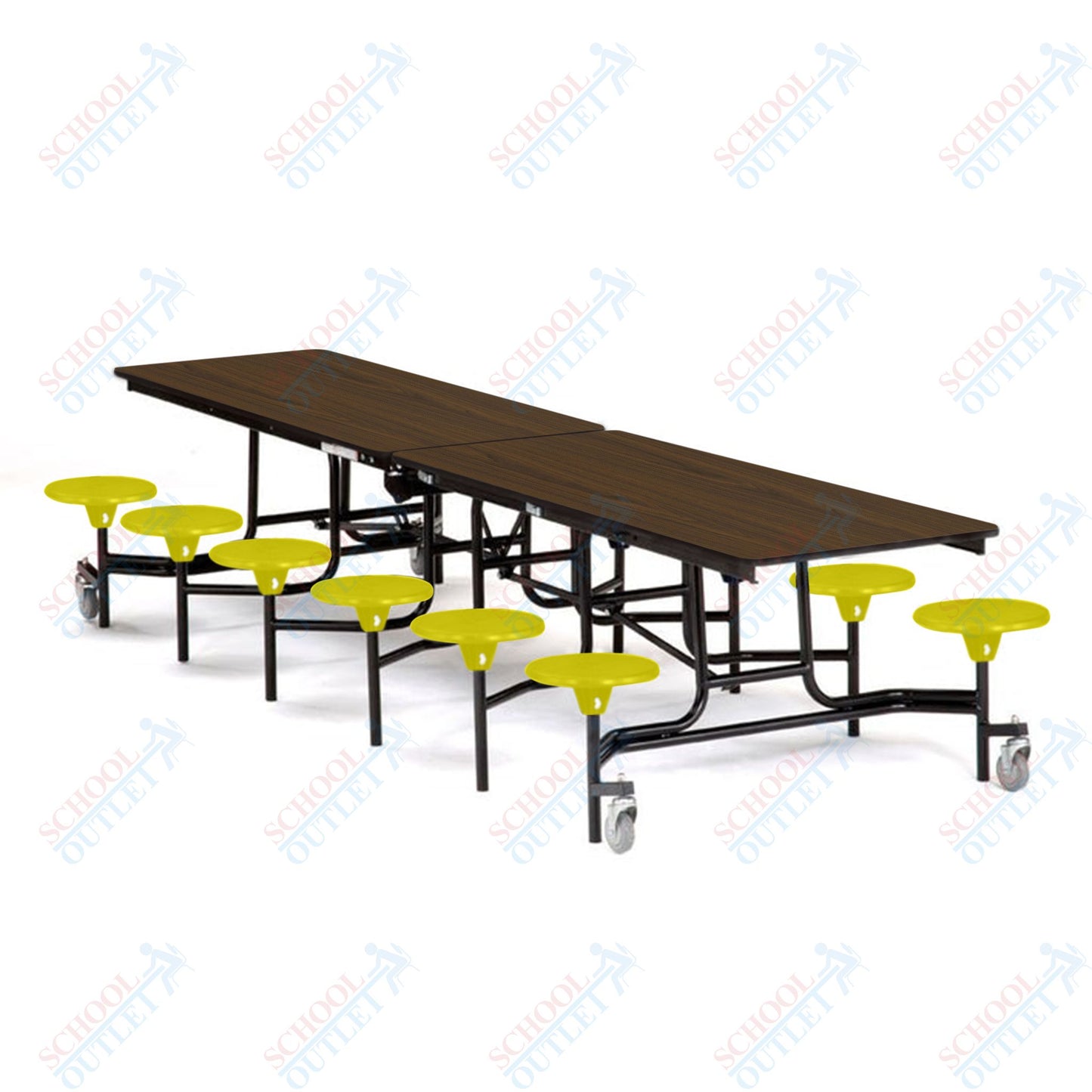 Mobile Cafeteria Lunchroom Stool Table - 30" W x 12' L - 12 Stools - MDF Core - Protect Edge - Chrome Frame