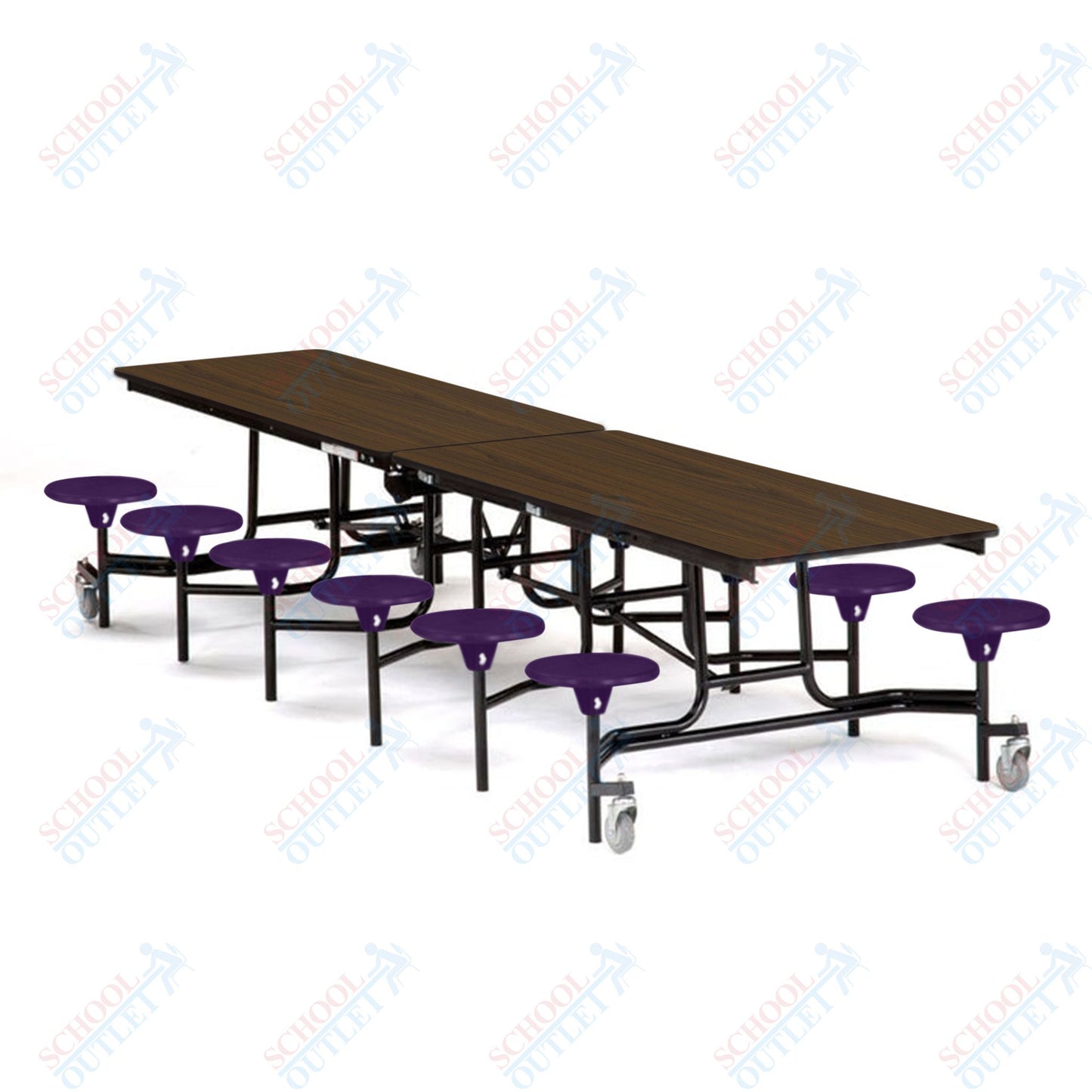 Mobile Cafeteria Lunchroom Stool Table - 30" W x 12' L - 12 Stools - MDF Core - Protect Edge - Chrome Frame