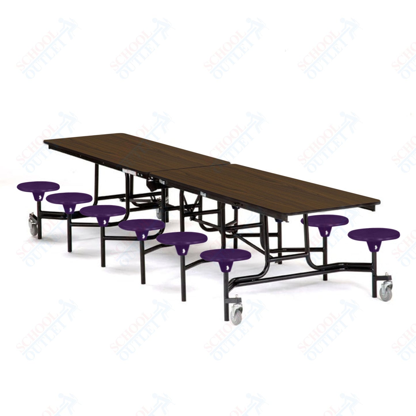 Mobile Cafeteria Lunchroom Stool Table - 30" W x 12' L - 12 Stools - MDF Core - Protect Edge - Chrome Frame