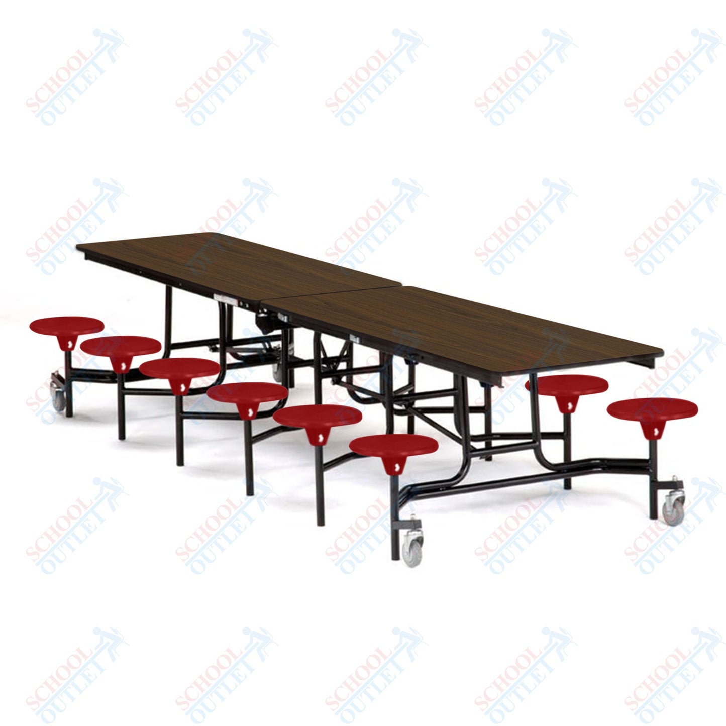 Mobile Cafeteria Lunchroom Stool Table - 30" W x 12' L - 12 Stools - MDF Core - Protect Edge - Chrome Frame