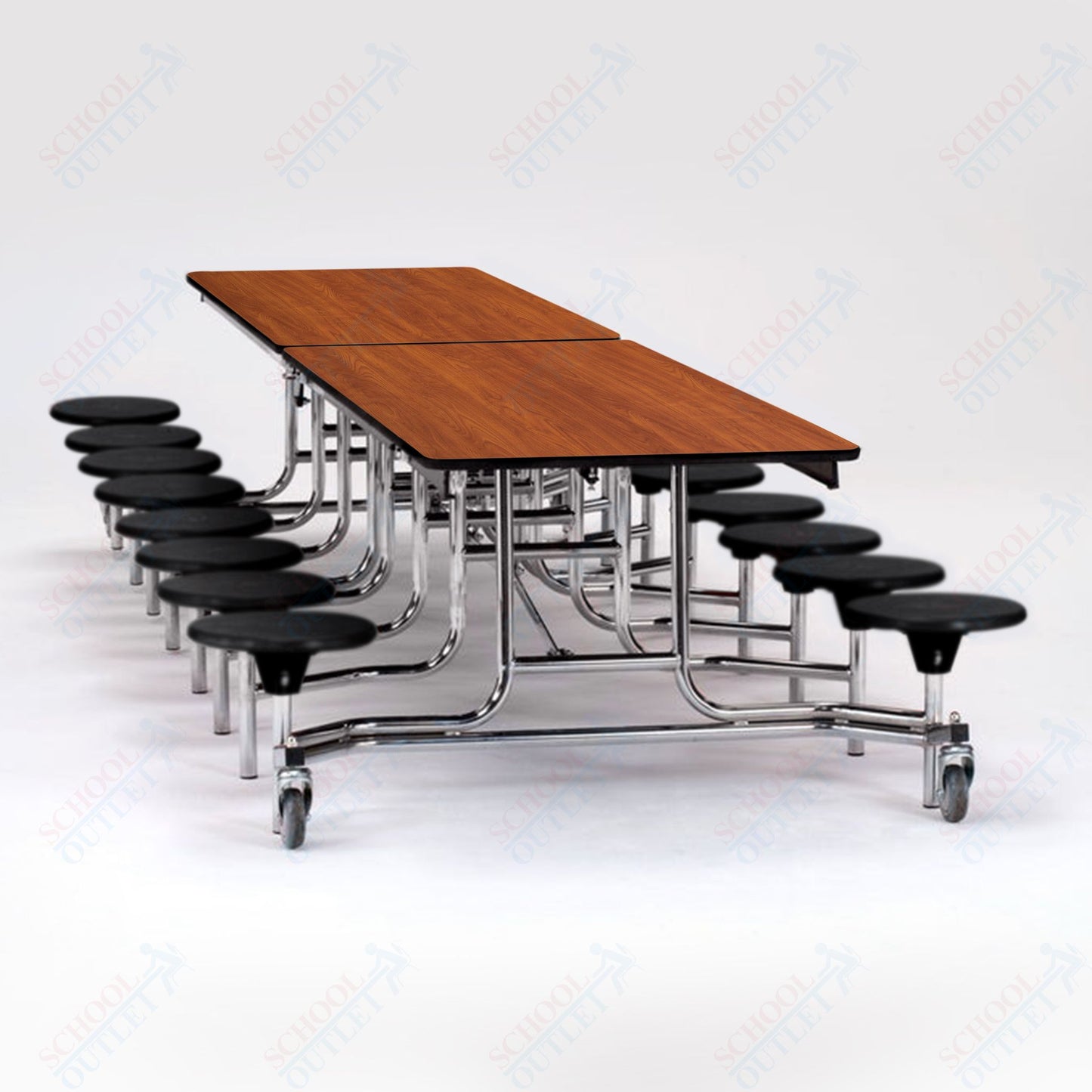 NPS Mobile Cafeteria Table - 30" W x 12' L - 16 Stools - Plywood Core - T-Molding Edge - Black Powdercoated Frame