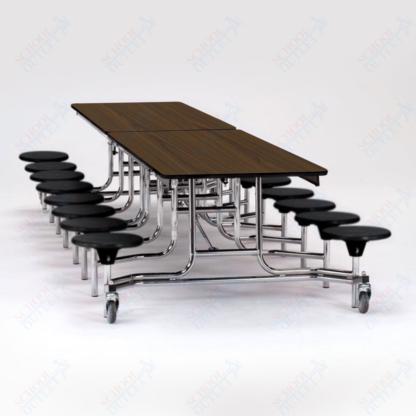 NPS Mobile Cafeteria Table - 30" W x 12' L - 16 Stools - Plywood Core - T-Molding Edge - Black Powdercoated Frame