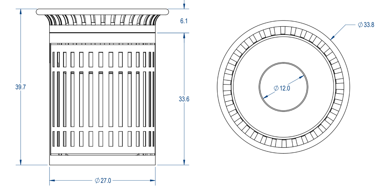 MyTcoat - 32 Gallon Skyline Trash Receptacle with Flared Top and Side Opening - Plastic Dome and Liner - Strap Metal 33.8" Diameter x 39.7" H (MYT-RSL32-02-004)