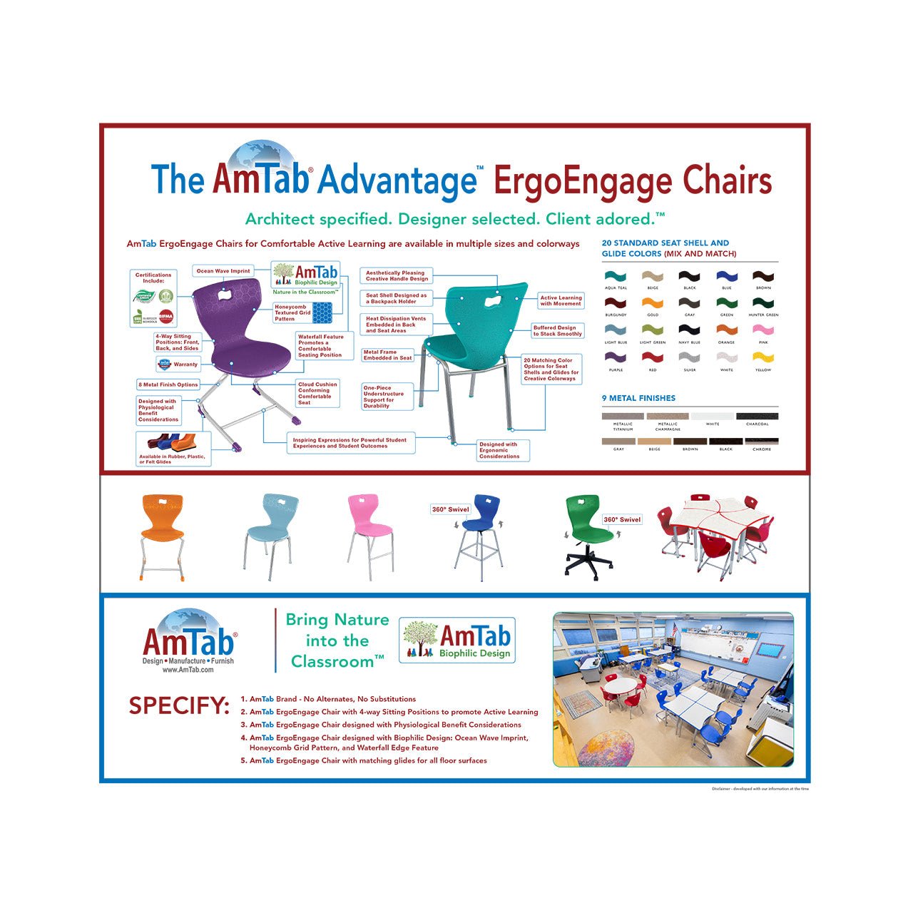 AmTab ErgoEngage® Tall Chair 30" Seat Height - Ergonomic Stackable Seating 16.625"W x 20.875"D x 40"H (AMT - ErgoEngageTallChair - 1) - SchoolOutlet