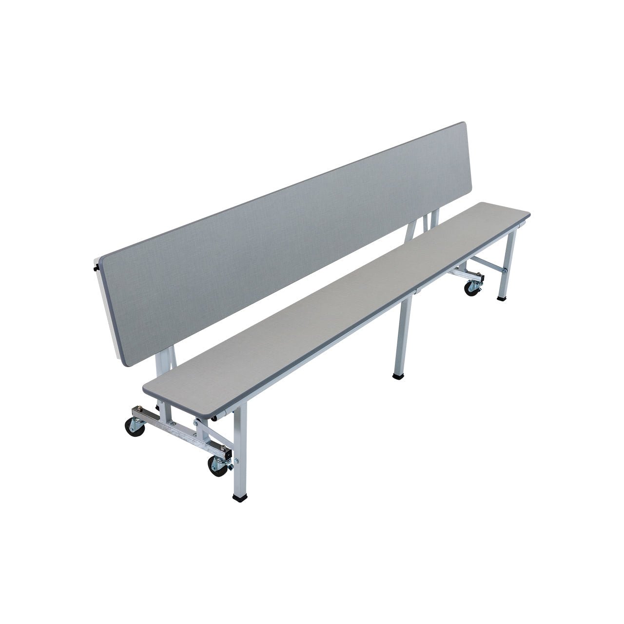 AmTab All - In - One Mobile Convertible Bench - 96"L White Metal Frame, Chambray Gris Laminate Top with Silver Dyna Rock Edge (QUICK - ACB8 - CGSW) - SchoolOutlet