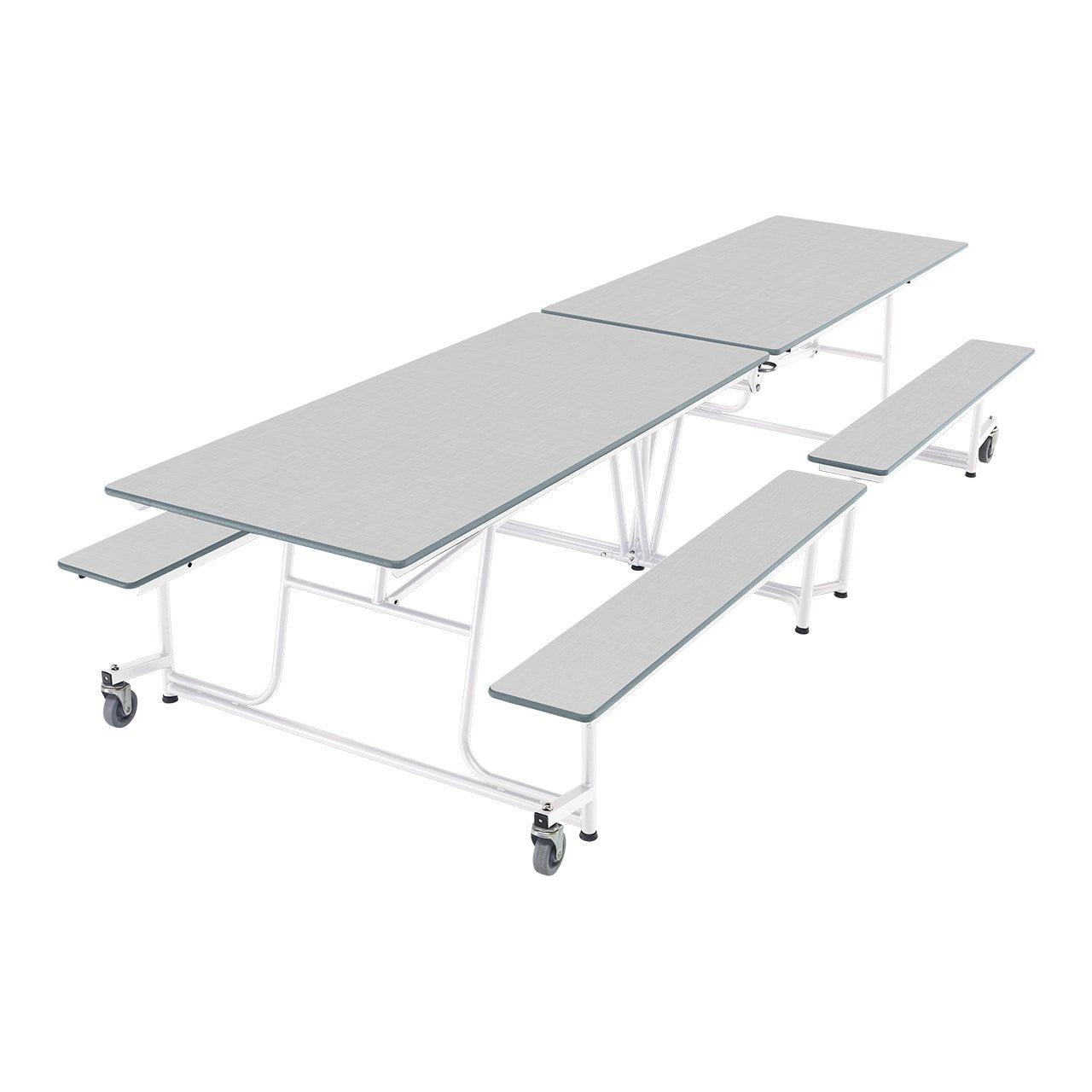 AmTab Mobile Bench Table - Rectangle - White Metal Frame Chambray Gris Laminate Top with Silver Dyna Rock Edge - 30"W x 12'1"L (QUICK - MBT12 - CGSW) - SchoolOutlet