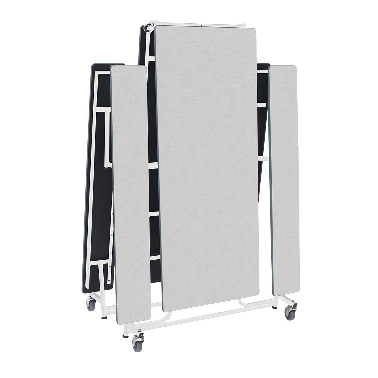 AmTab Mobile Bench Table - Rectangle - White Metal Frame Chambray Gris Laminate Top with Silver Dyna Rock Edge - 30"W x 12'1"L (QUICK - MBT12 - CGSW) - SchoolOutlet