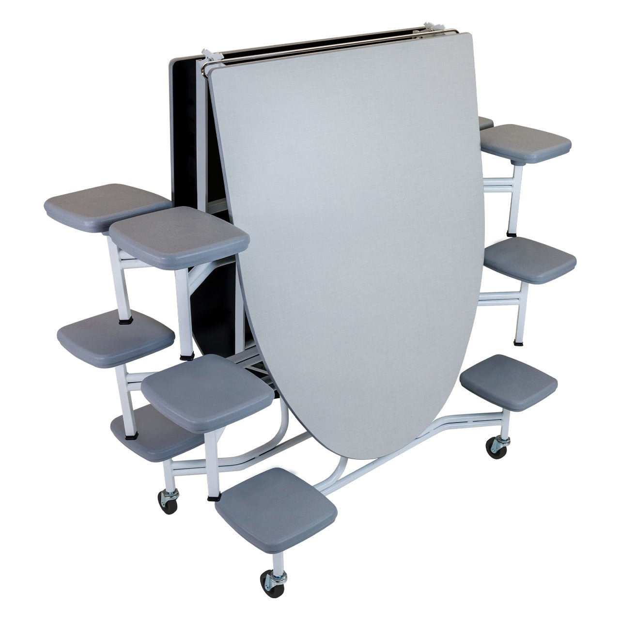 AmTab Mobile Stool Table - Elliptical - 46"W x 10'1" - 12 Stools (QUICK - MSE1012 - CGSW) - SchoolOutlet