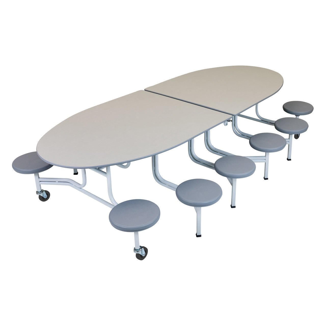 AmTab Mobile Stool Table - Elliptical - 46"W x 10'1" - 12 Stools (QUICK - MSE1012 - CGSW) - SchoolOutlet
