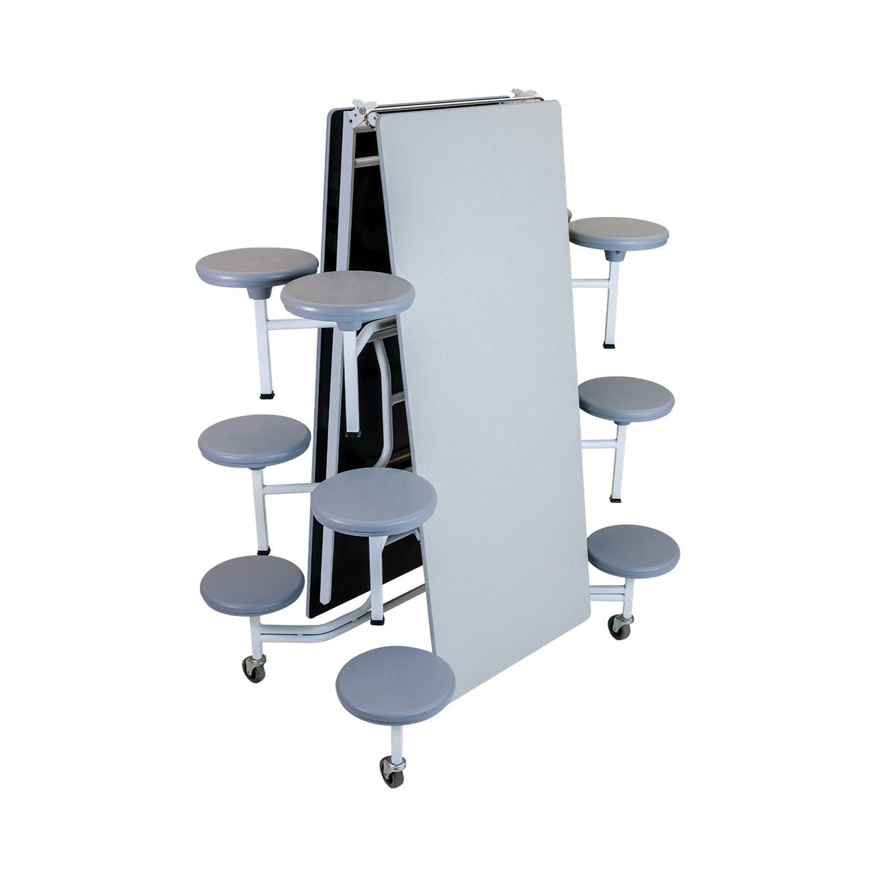 AmTab Mobile Stool Cafeteria Table - White Metal Frame Chambray Gris Laminate Top with Silver Dyna Rock Edge - 30"W x 12'1"L - 12 Stools (QUICK - MST1212 - CGSW) - SchoolOutlet