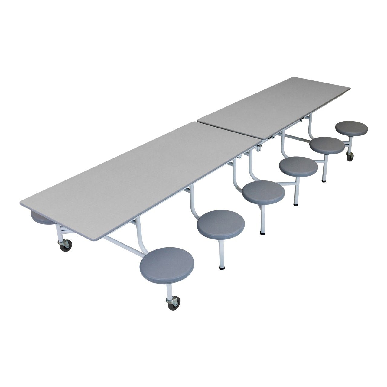 AmTab Mobile Stool Cafeteria Table - White Metal Frame Chambray Gris Laminate Top with Silver Dyna Rock Edge - 30"W x 12'1"L - 12 Stools (QUICK - MST1212 - CGSW) - SchoolOutlet