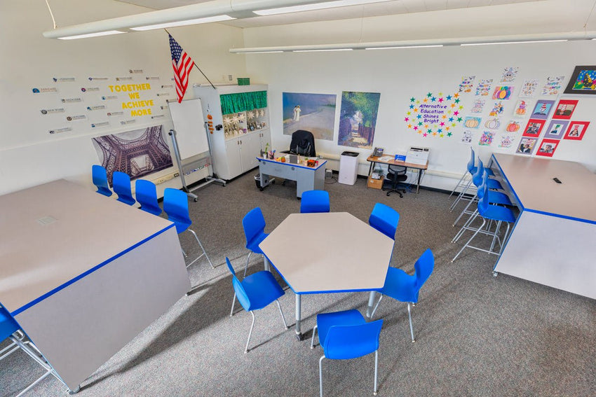 AmTab Teacher Desk 2 - Right Pedestal, Curved Top 24"W x 60"L (AMT - TeacherDesk2 - 245RP) - SchoolOutlet