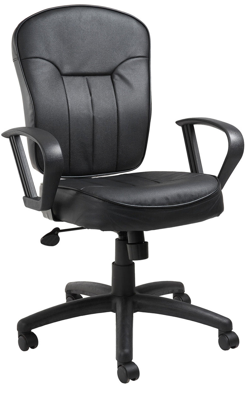 Boss LeatherPlus Mid - Back Task Chair with Loop Arms, Black (B1562) - SchoolOutlet