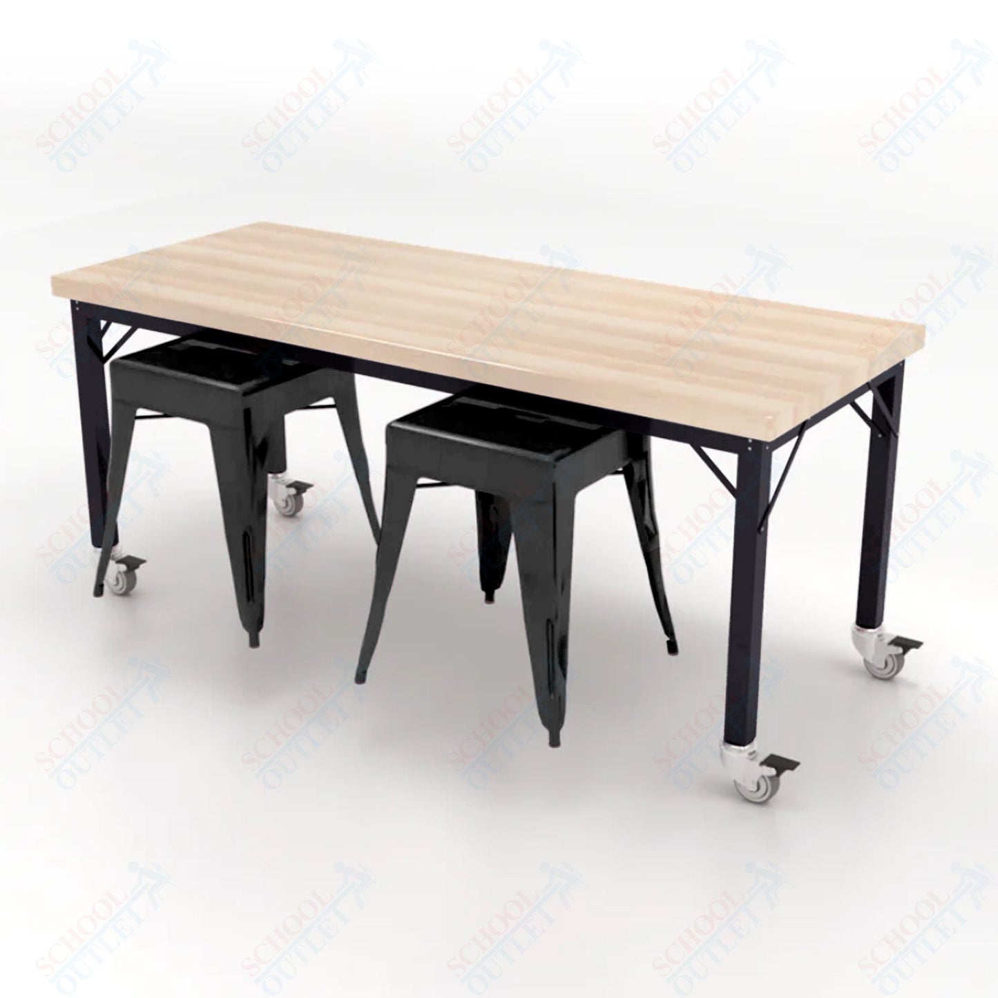 CEF Brainstorm Workbench 26"H with Butcher Block Top and Steel Frame, 2 Magnetic Metal Stools Included, for Kindergarten - 2nd Grade - SchoolOutlet