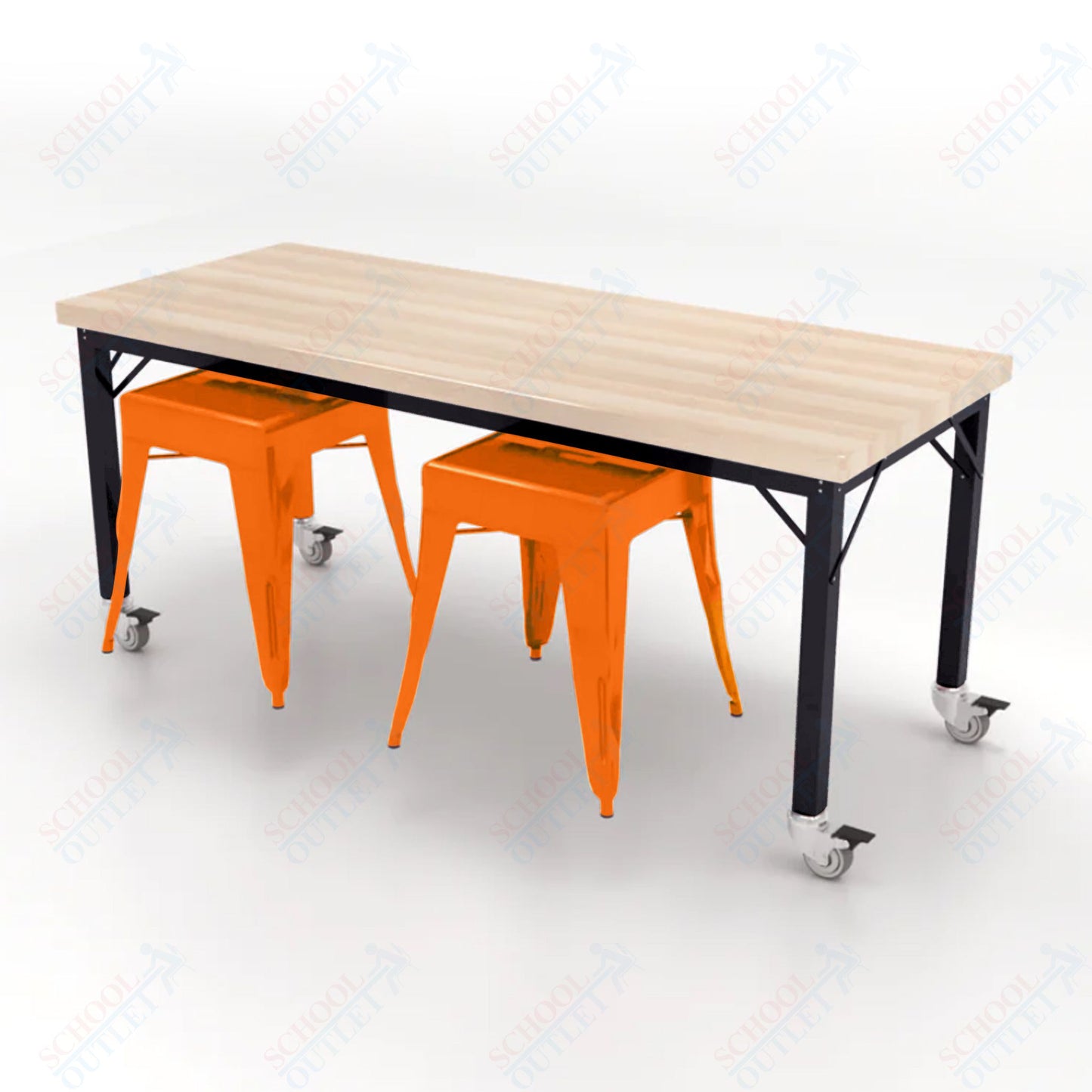 CEF Brainstorm Workbench 26"H with Butcher Block Top and Steel Frame, 2 Magnetic Metal Stools Included, for Kindergarten - 2nd Grade - SchoolOutlet