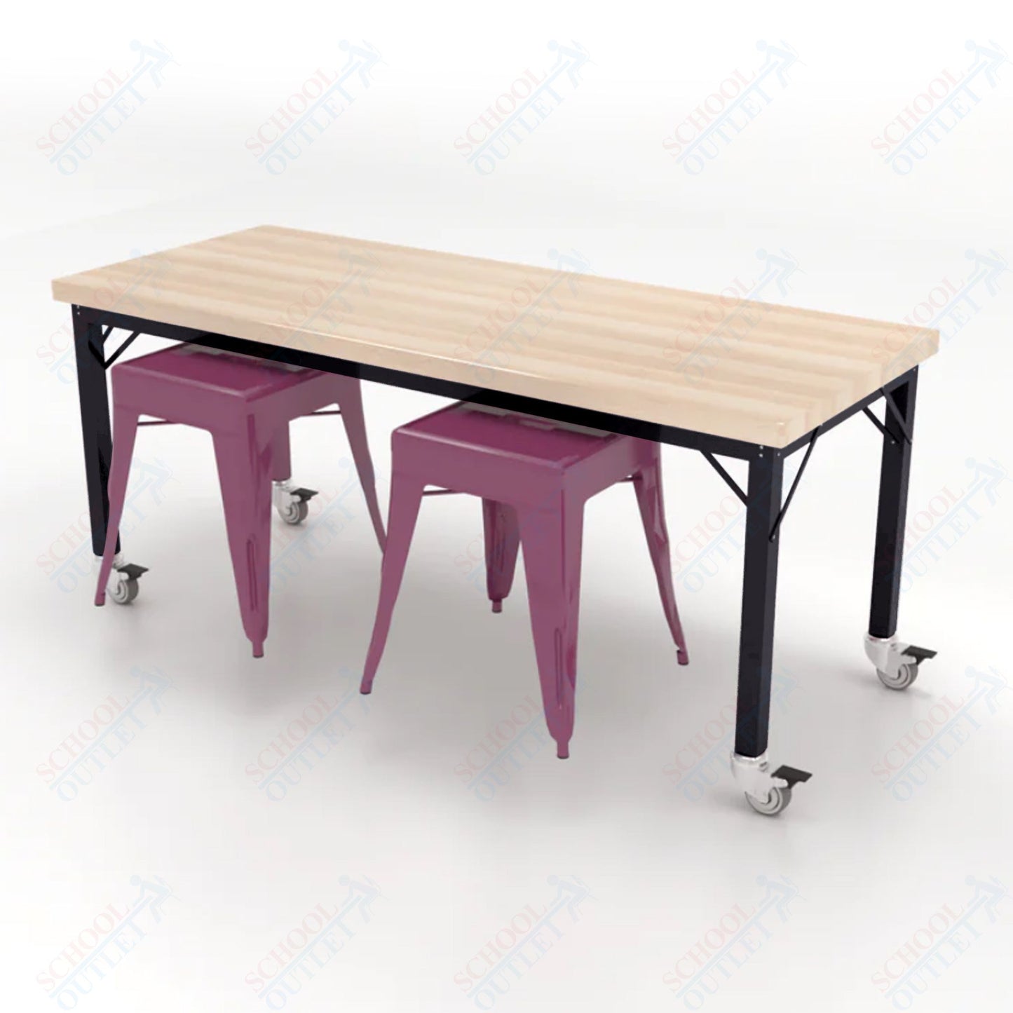 CEF Brainstorm Workbench 26"H with Butcher Block Top and Steel Frame, 2 Magnetic Metal Stools Included, for Kindergarten - 2nd Grade - SchoolOutlet