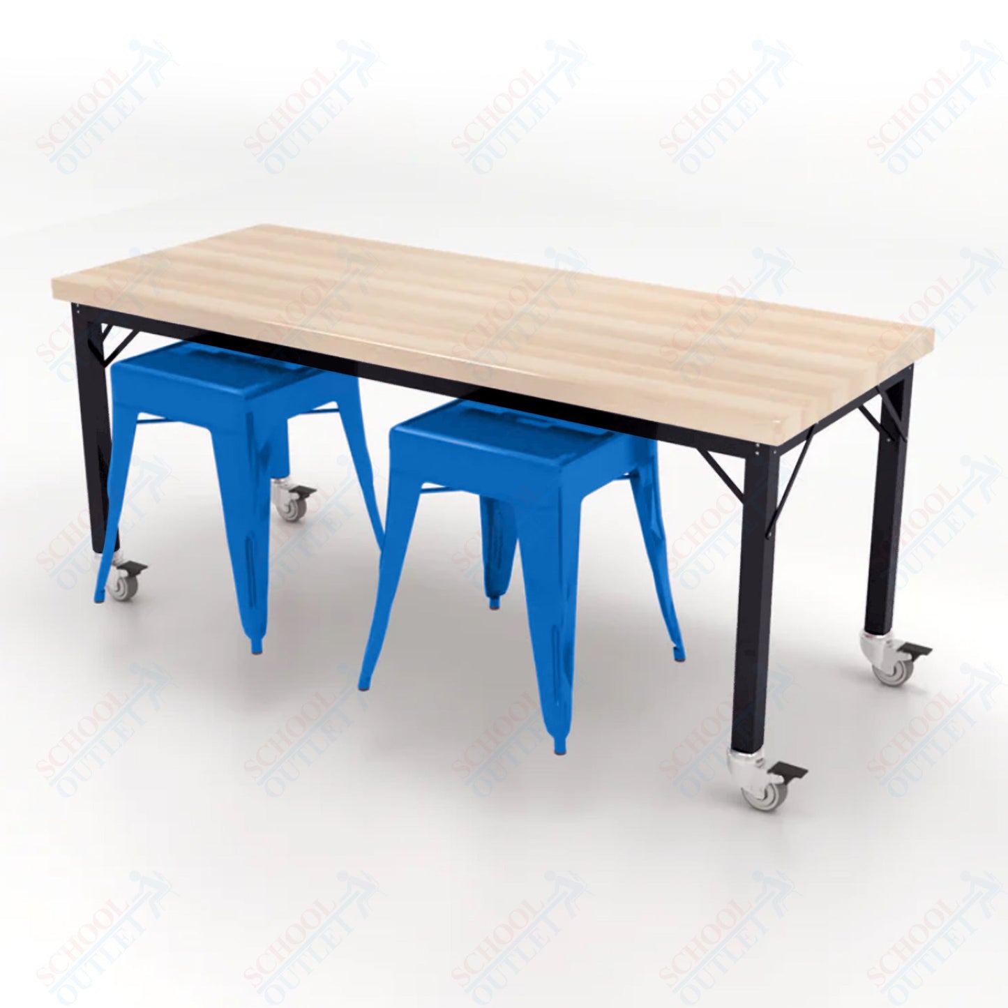 CEF Brainstorm Workbench 26"H with Butcher Block Top and Steel Frame, 2 Magnetic Metal Stools Included, for Kindergarten - 2nd Grade - SchoolOutlet